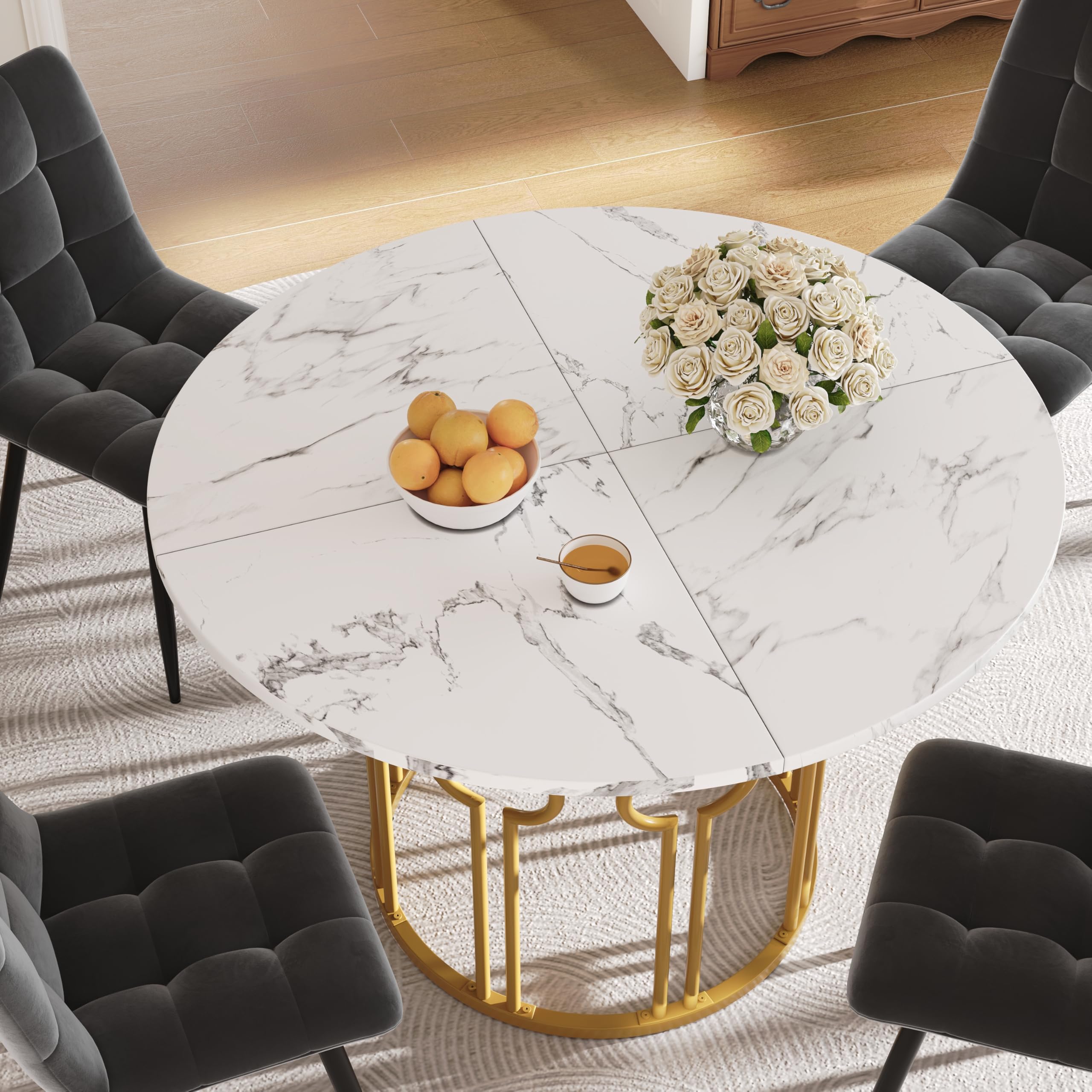 Merax Esstisch Runder 100cm, Moderner Küchentisch für 4-6 Personen, Esszimmertisch für Küchen, Wohnzimmer, Esszimmer, Büro, Künstlerisch geformte goldene Metallbeine, marmorierte MDF-Tischplatte