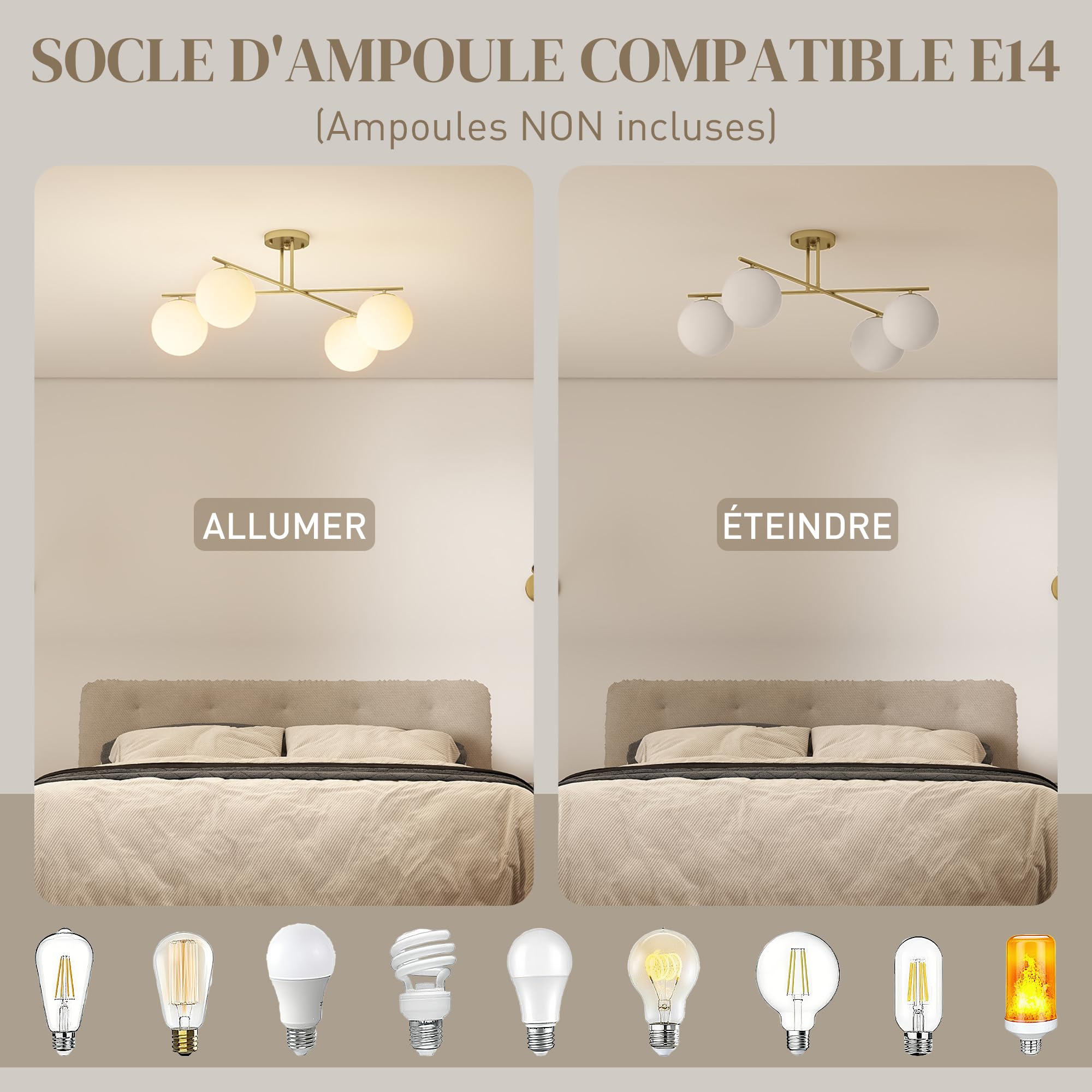 HOMCOM Plafonnier LED 40W 4 Lumières E14 Semi-Affleurant Doré et Crème
