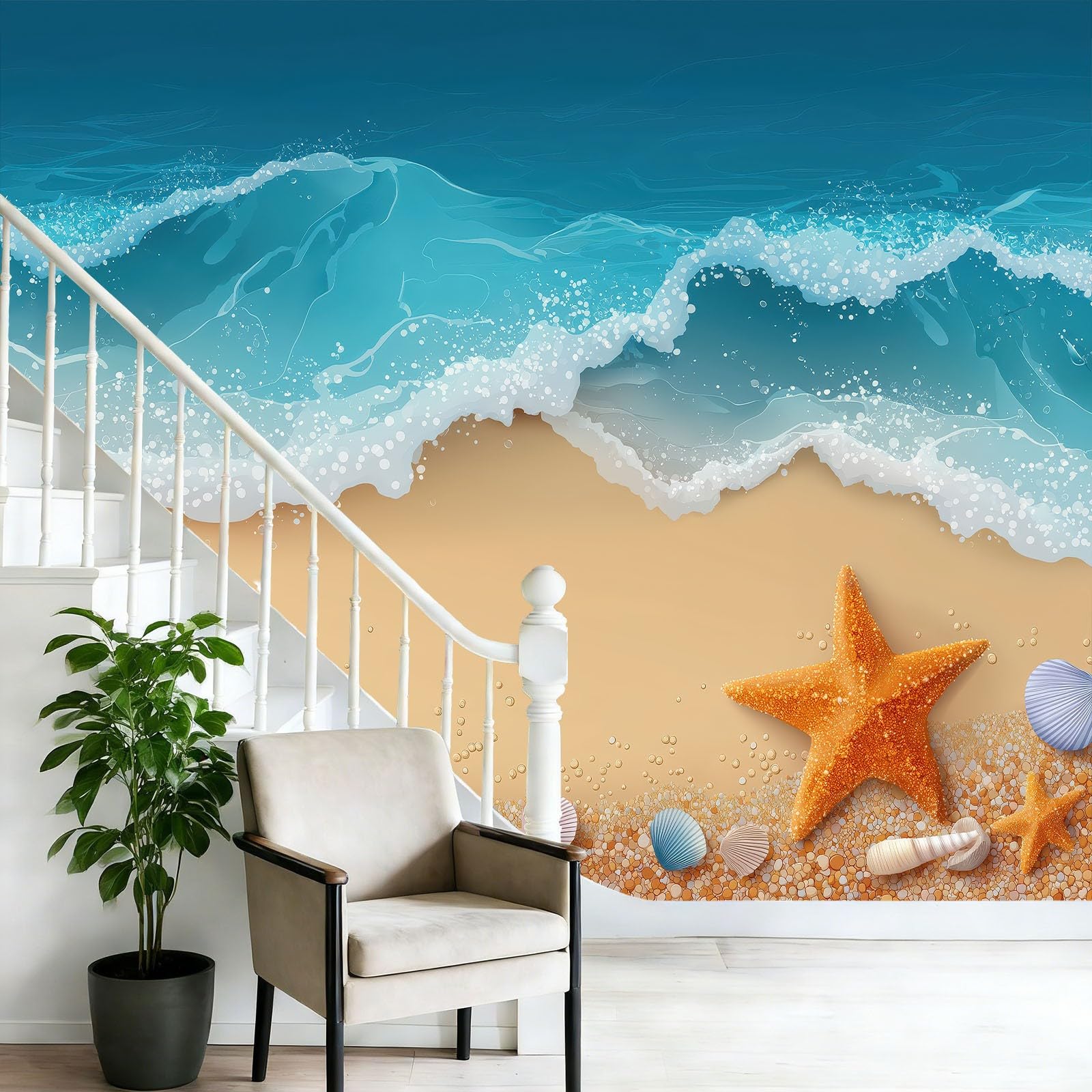 WTD Fototapete Minimalistic Modern 250 x 175 cm Papel pintado de fieltro efecto 3D playa ola estrella de mar grande foto papel pintado dormitorio salón oficina papel pintado decoración de pared