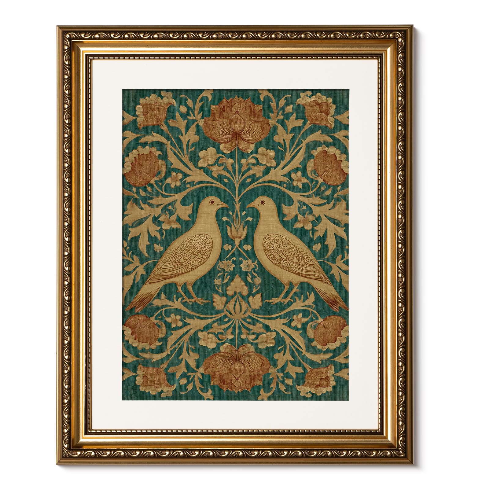 ARPEOTCY Gold Framed Canvas Wall Art, Vintage Floral and Bird Design, Elegant Pigeon Decorative Art for Living Room, Bedroom, Office, 13x16 Inch