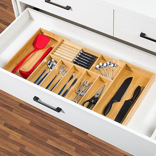Miniatura 3 de VaeFae Soporte para utensilios de cocina extra grande, organizador de cajones de cubiertos de bambú, organizador de cubiertos expandible con bloque