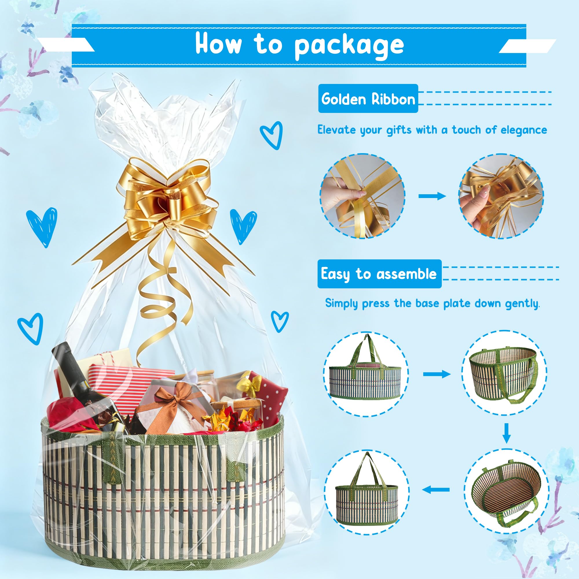 Set di 3 cesti per regali vuoti, cesti regalo vuoti, cesti regalo in bambù intrecciato, robusti cesti regalo da donna per feste di compleanno, 3 sacchetti in cellophane, 3 biglietti regalo, cesto