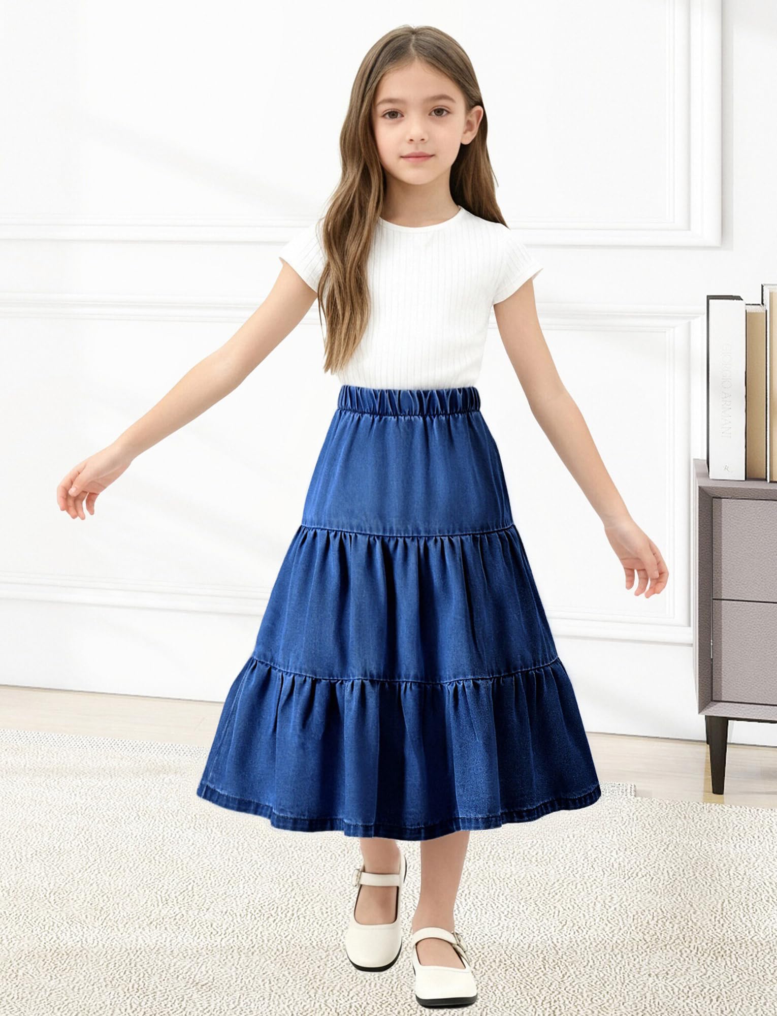 Happy Cherry - Jupe en Jeans Longue Fille Taille Élastique pour Fêtes École Carnaval Filles Jupes Maxi en Denim Trapèze Y2K Vintage Streetwear Enfants pour Été Hiver Printemps Automne - 110-164