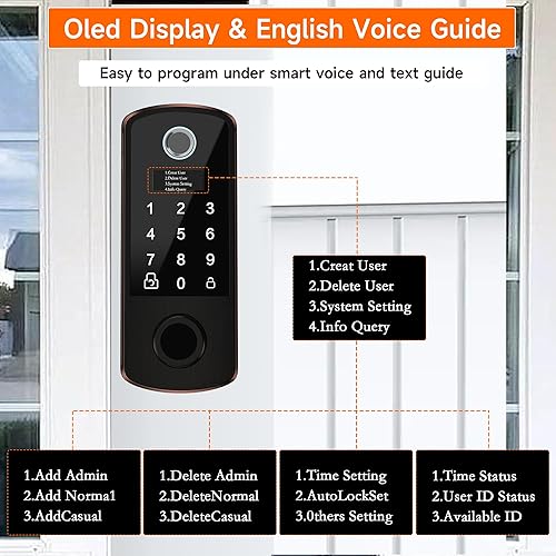 Miniatura 5 de Cerradura de puerta inteligente, huella digital biométrica, más de 300 usuarios, pantalla OLED y guía de voz, entrada sin llave, juego de cerradura