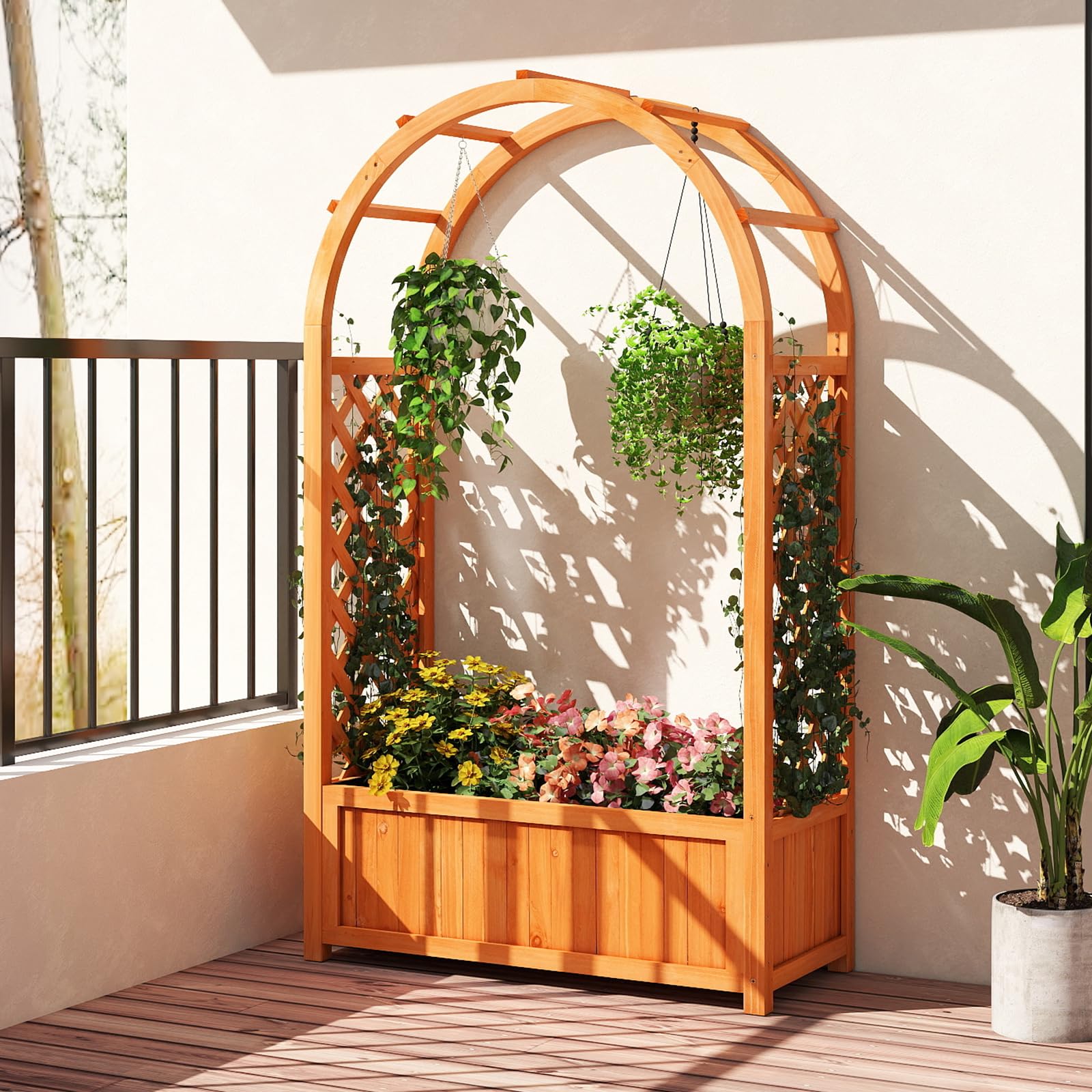 HOMASIS Fioriera con Grigliato a Forma di Cupola, Vaso per Piante da Esterno in Legno di Abete, Orto Rialzato da Giardino per Piante Rampicanti, Cesta Sospesa, 77 x 31 x 22 cm, Arancione