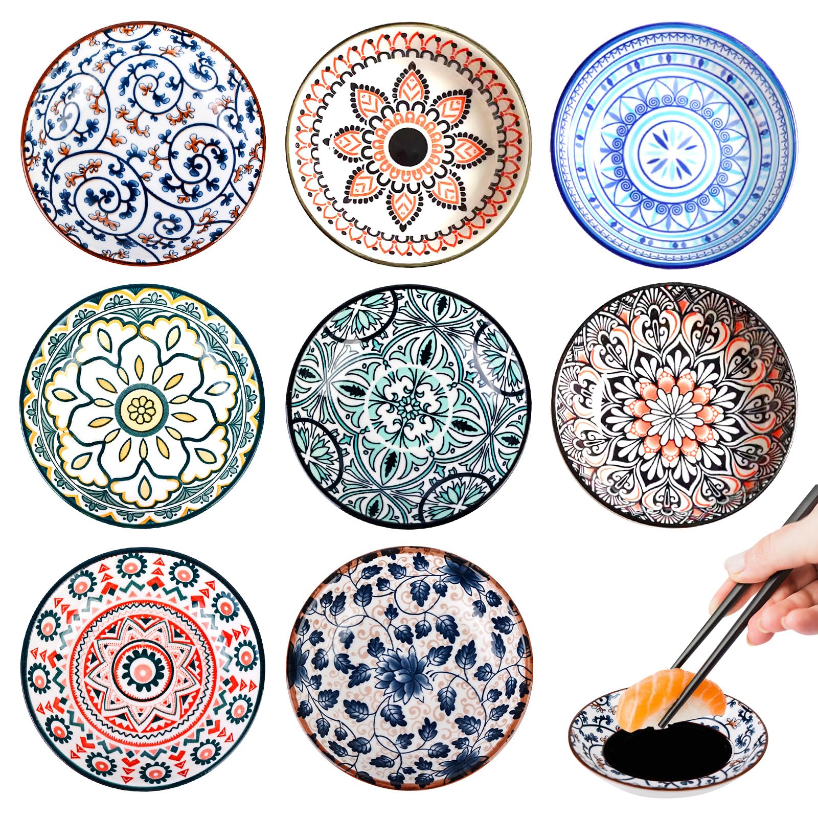 PORFOYO Set di 8 ciotole in ceramica per salse e spezie, resistenti al calore, perfette per snack, dessert e contorni (Ø 10 cm, colorati)