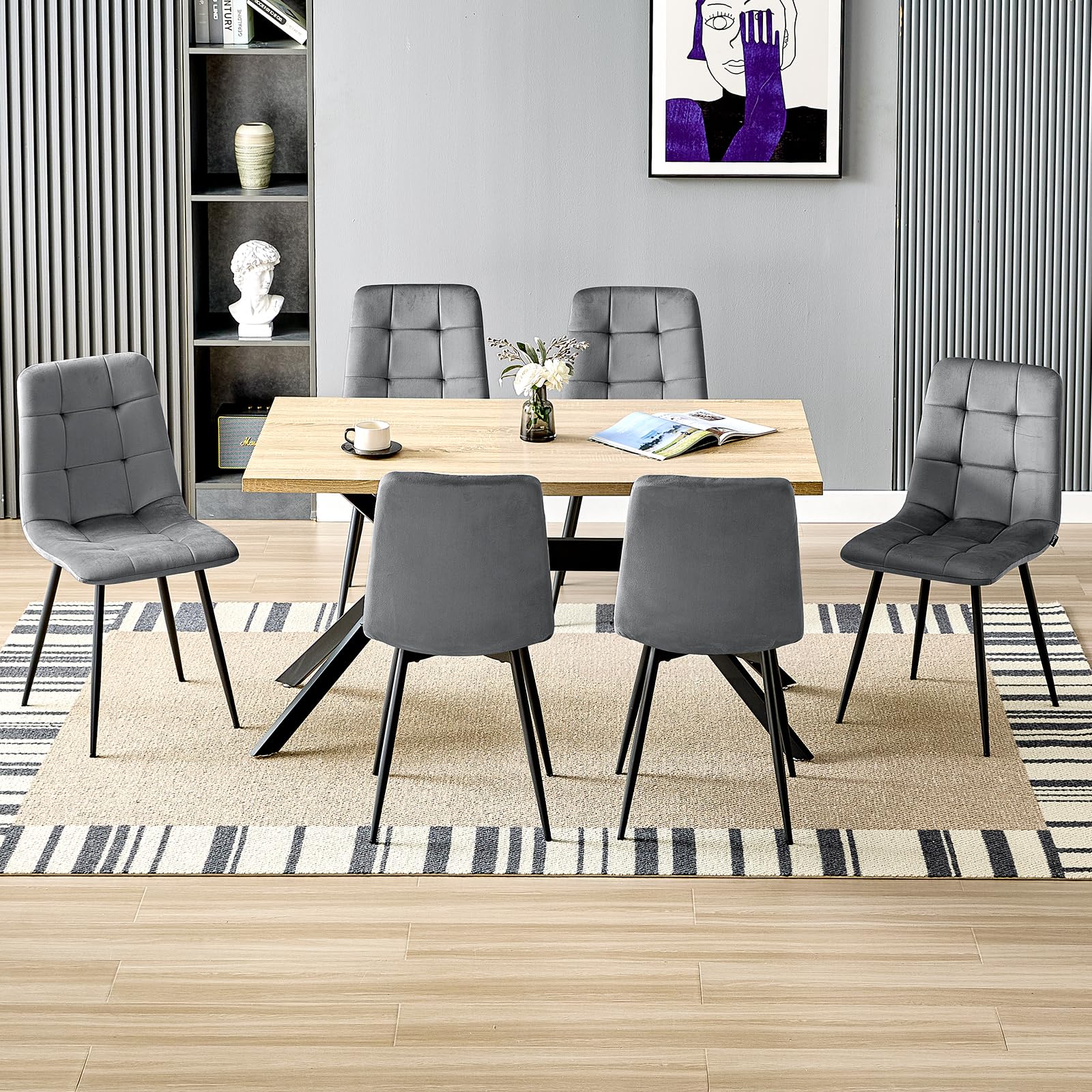 JIJIAN Set di 6 Sedie da Sala da Pranzo, Sedie da Cucina con Tessuto di Velluto e Gambe in Metallo Nero, Sedia Imbottita con Capacità di Carico di 120 kg, Grigio Scuro