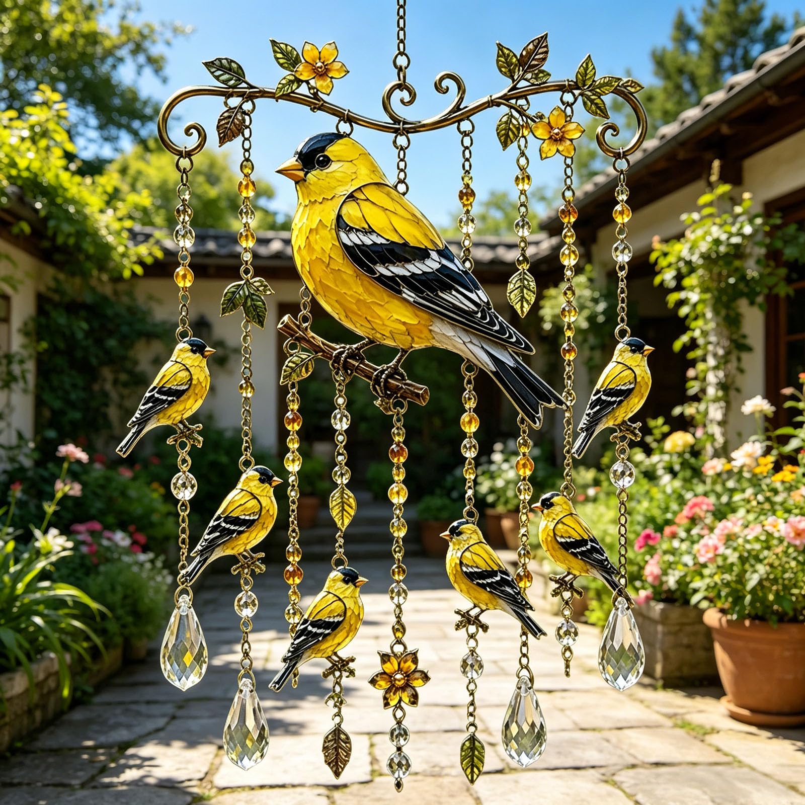 Graceful Hummingbird Wind Chime, Hummingbird Wind Chimes Outdoor Crystal Suncatcher Hanging Decor, Bird Garden Yard Ornament for Patio Porch Balcony (Goldfinch)