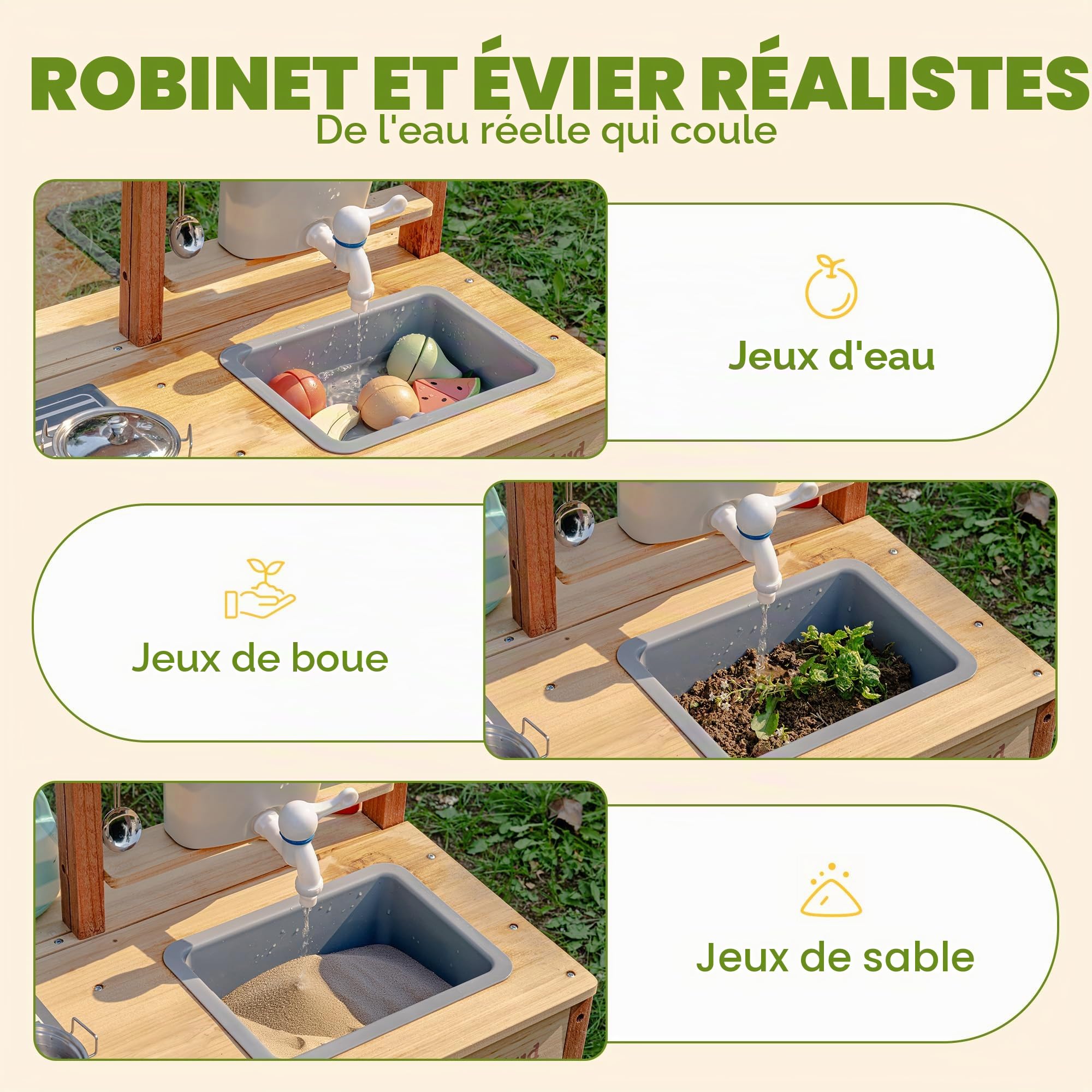 ROBUD Cuisine boueuse en Bois - Cuisine de Jeu d'extérieur avec Accessoires et Tableau à colorier - Jouet à roulettes pour Enfants à partir de 3 Ans