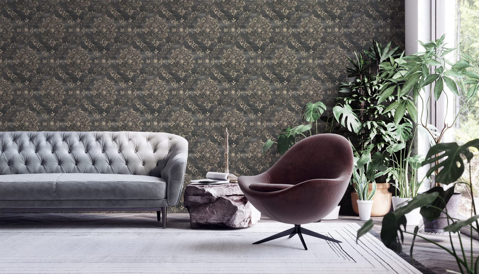 Livingwalls tapeta na fizelinie - tapeta barokowa w kolorze antracytu i beżu - tapeta do różnych pomieszczeń - tapeta ścienna o wymiarach 10,05 m x 0,53 m