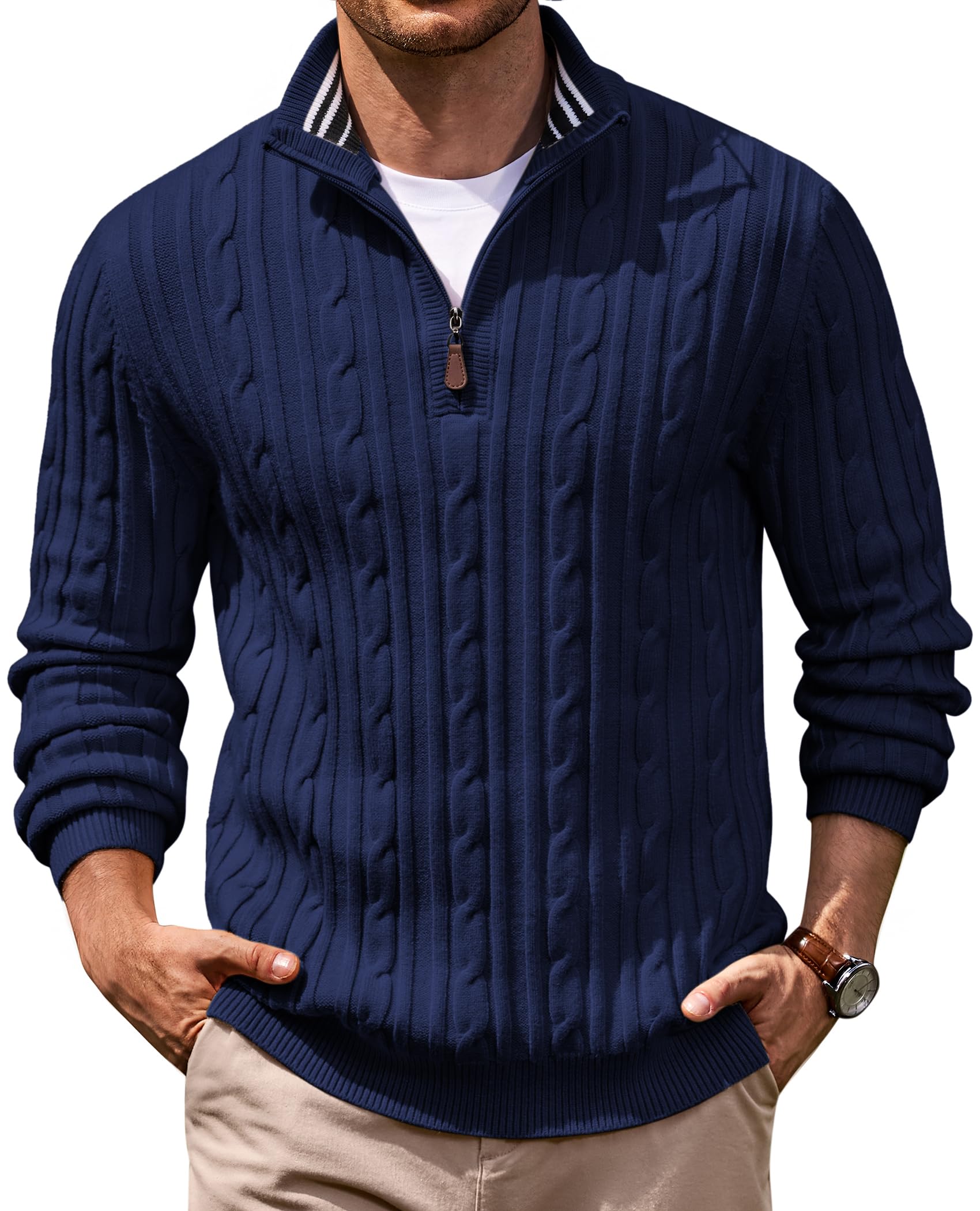 COOFANDY Men's Quarter Zip Pullover Cable Knit Mock Neck Dress Sweater