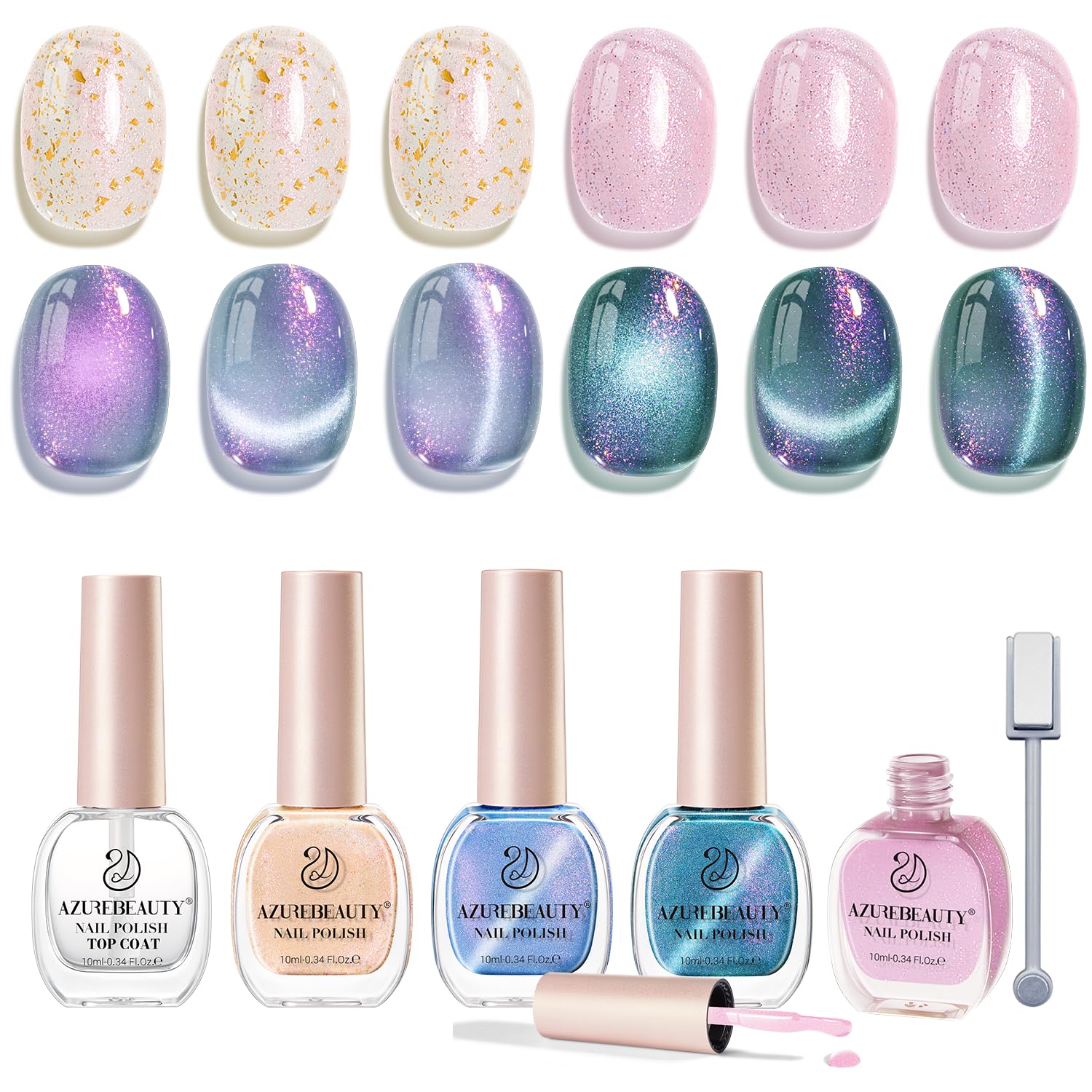 AZUREBEAUTY Magnetic Cat Eye Nail Polish Set – 2 Cat Eye & 2 Glitter Colors with Top Coat, Chrome Shimmer Gel Effect, Quick Dry Long Lasting DIY Nail