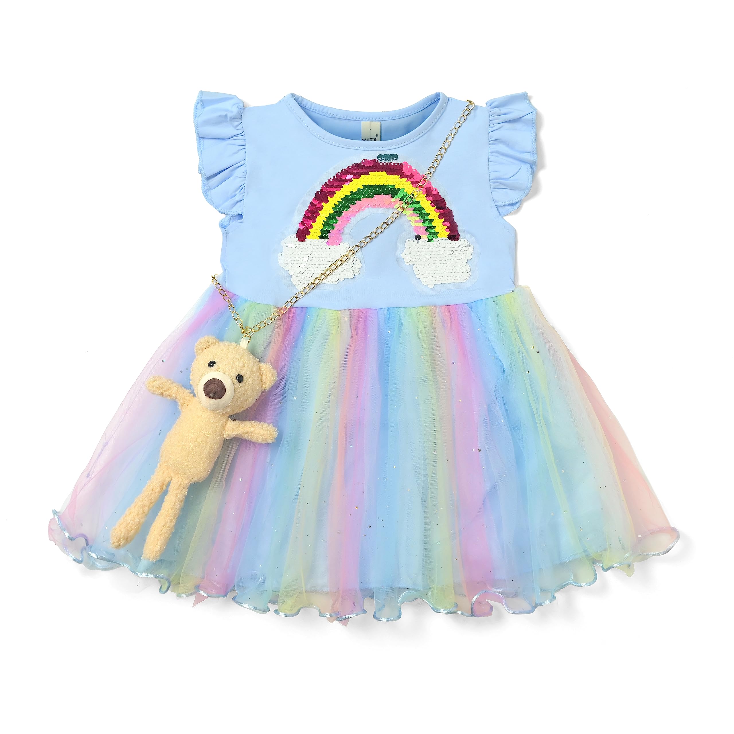 Bold N ElegantGirls Sequin Glitter Rainbow Color Party Princess Sparkle Tutu Dress Frock with Faux Teddy Sling Bag Purse for Infant Toddler Baby Girls