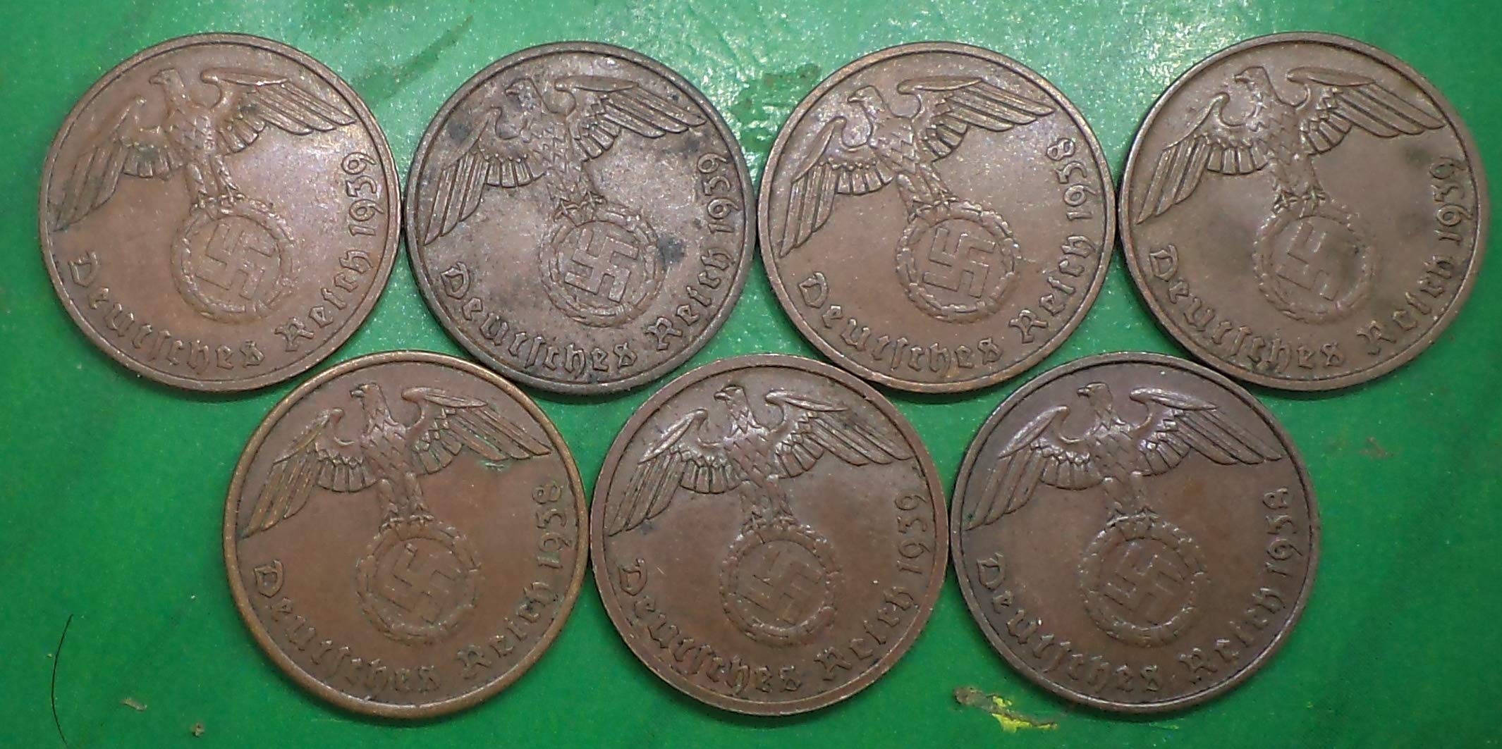 Nazi Hitler WW 2 Germany 2 reichspfenig Full All 7 Mint Set Cupper Coins lot