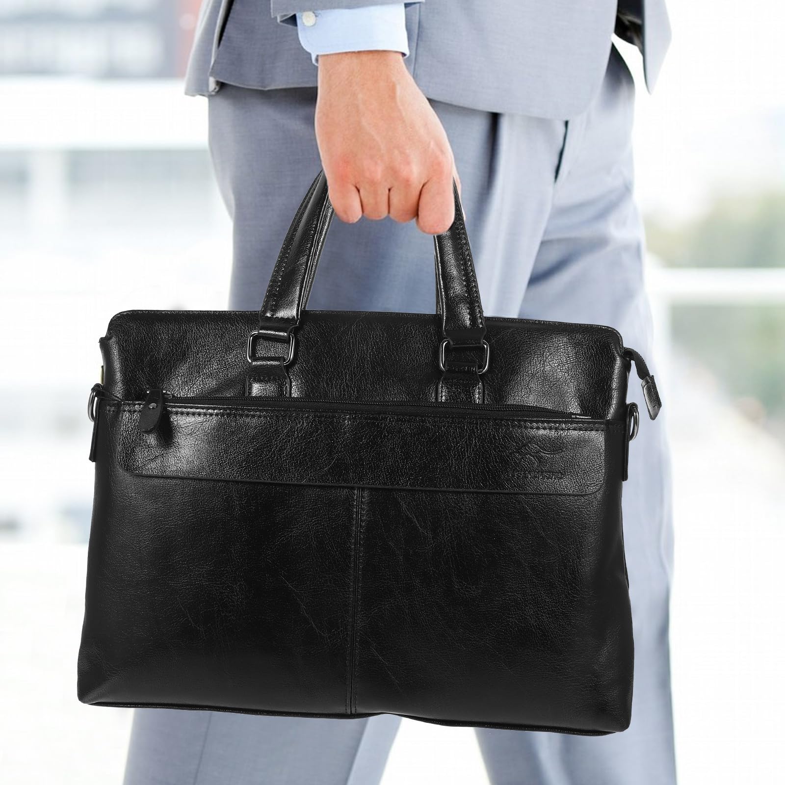 Healeved 1stück Pu Leder Business Handtasche Umhängetasche mit Doppeltem Griff für Laptop Geschäftsreisen Büro Uni Schwarz