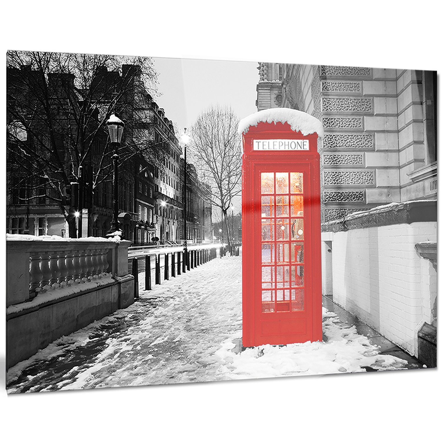 Designart Red London Telephone Booth Cityscape Metal Wall Art, 20x12, Redwhite