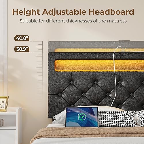 Miniatura 7 de Rolanstar Base de cama de tamaño individual con estación de carga y luces LED, cama tapizada de piel sintética con cabecero ajustable y 4 cajones de