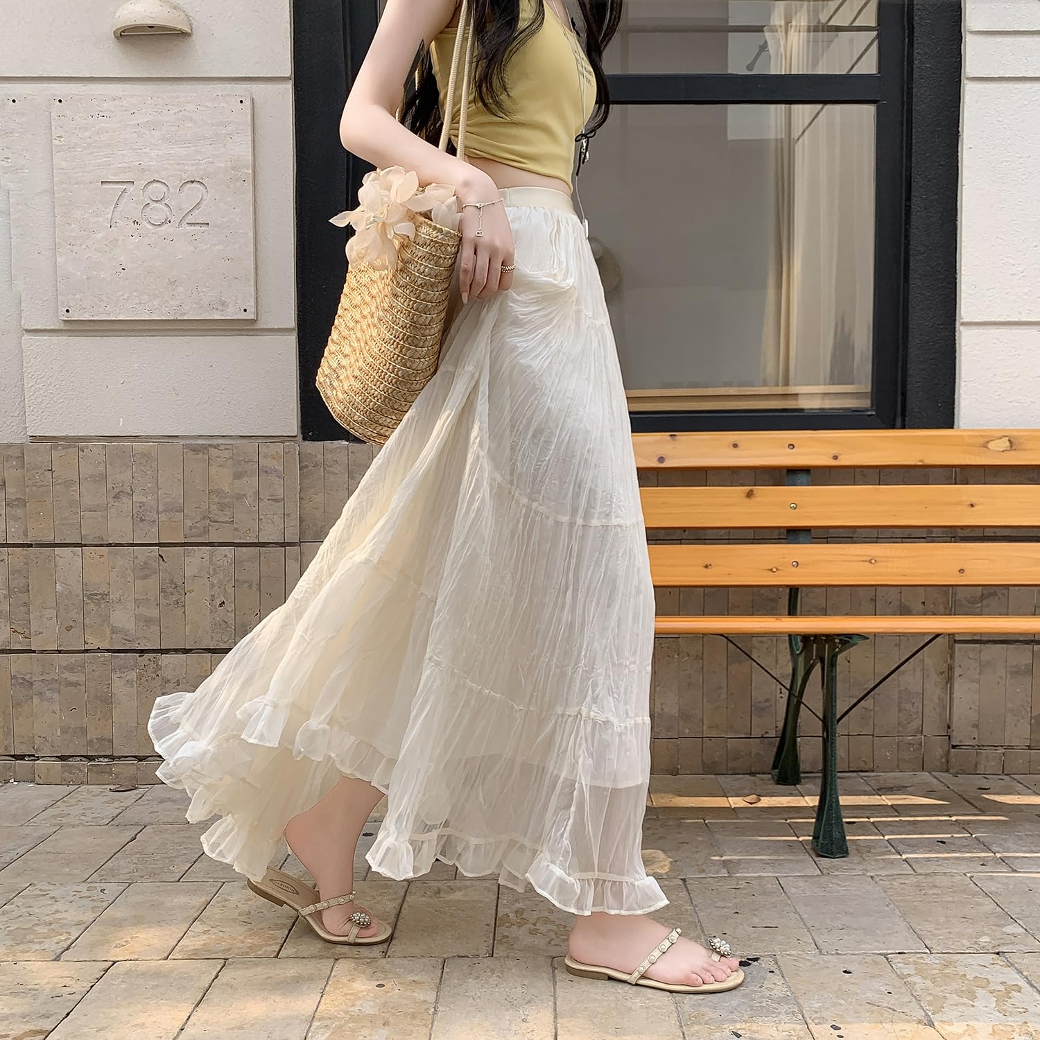 Gonna Lunga Carina Donna Vita Alta A Linea Fluida Pieghettato Vita Elastica Estate Boho Maxi Gonne Solida Colore Skirt
