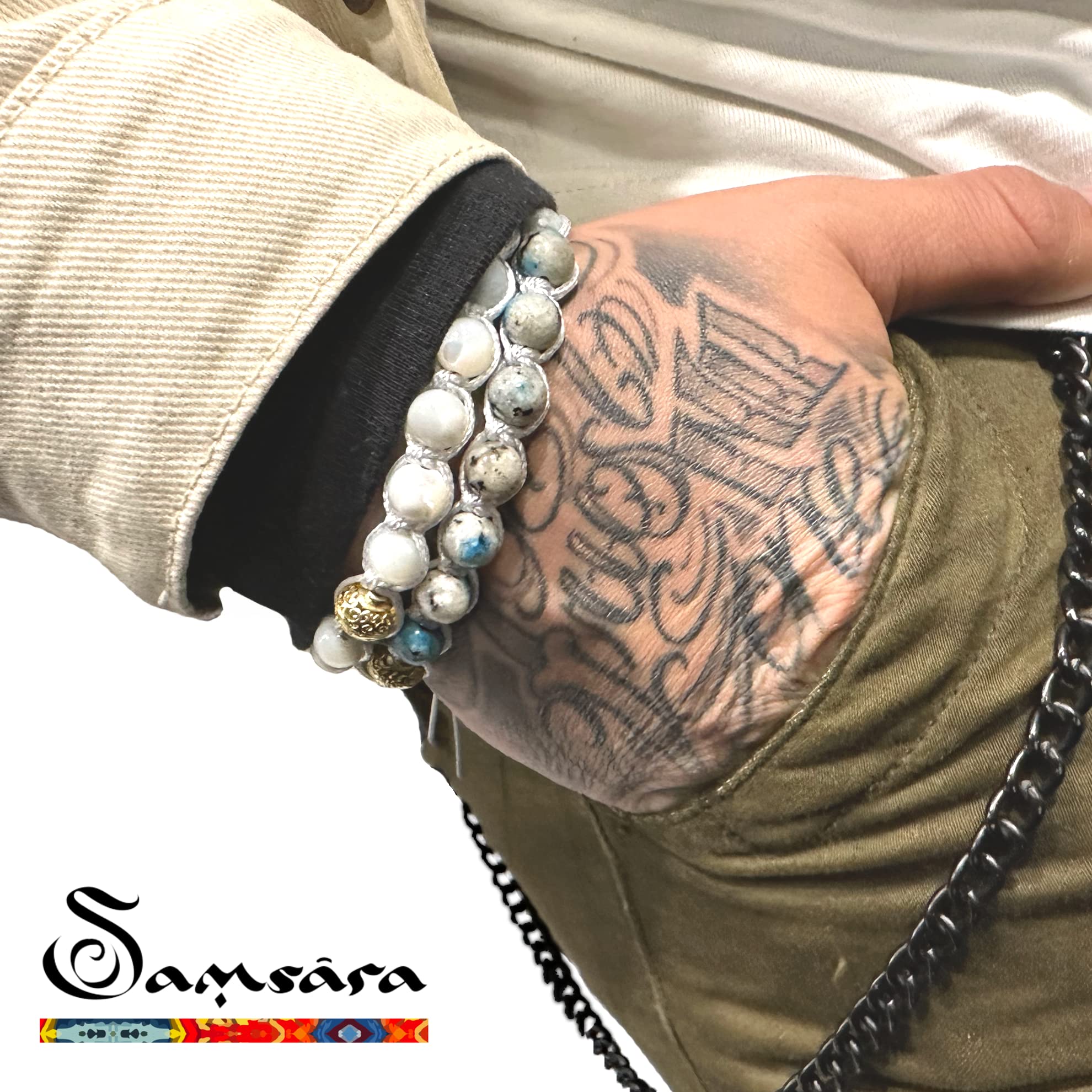 Samsara Bracciale Kailash Tibetano Buddista - Bracciale Spirituale Benessere Mente e Corpo - Filo in cotone cerato Bianco