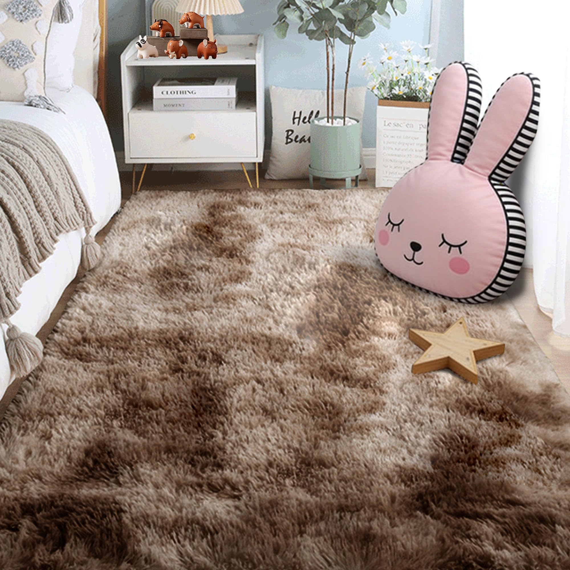 Grand Tapis de Salon 260 x 340 cm Marron à Poil Long et Doux Lavable