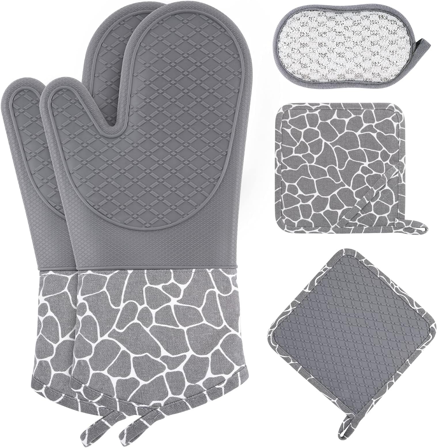 5-Piece Oven Mitts and Pot Holder Sets, Anti Slip Silicone Oven Gloves, Kitchen Gloves, Oven Mitts with Quilted Lining, Hot Pads for Kitchen Baking Cooking, Cleaning Cloth, Gray