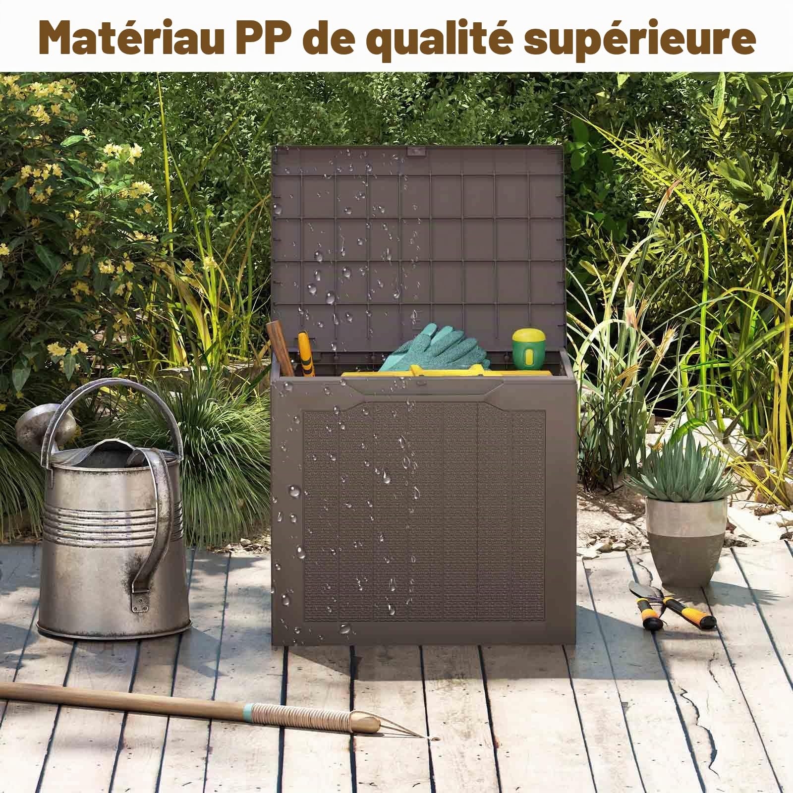 HOMASIS 96L Coffre de Rangement Imperméable, Boîte Extérieur en PP, Banc de Rangement Verrouillable pour Cour, Jardin, Bord de Piscine, Terrasse (brun)