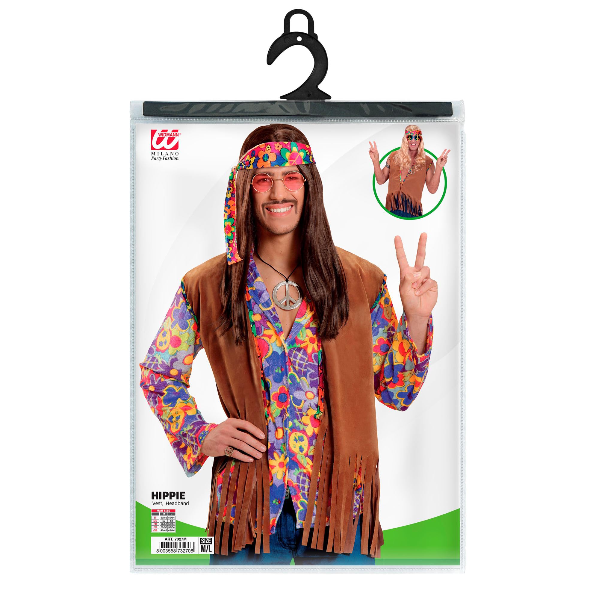 W WIDMANN MILANO Party Fashion - Costume Hippie, gilet avec bandeau, déguisement des années 60 pour hommes