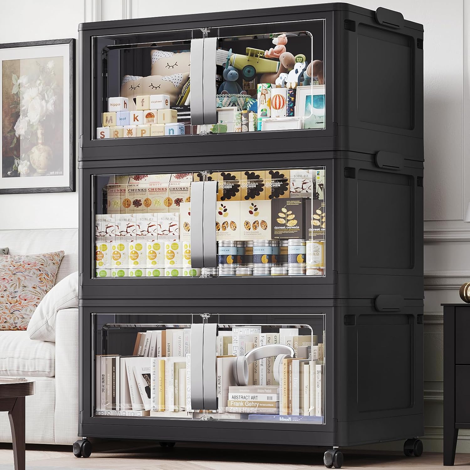 480QT Stackable Storage Bins with Lids, 120Gal Extra Large Collapsible Storage Box with Wheel, Plastic Storages with Clear Door Open Front for Home Kitchen Garage, Black-3pack(3 lids)