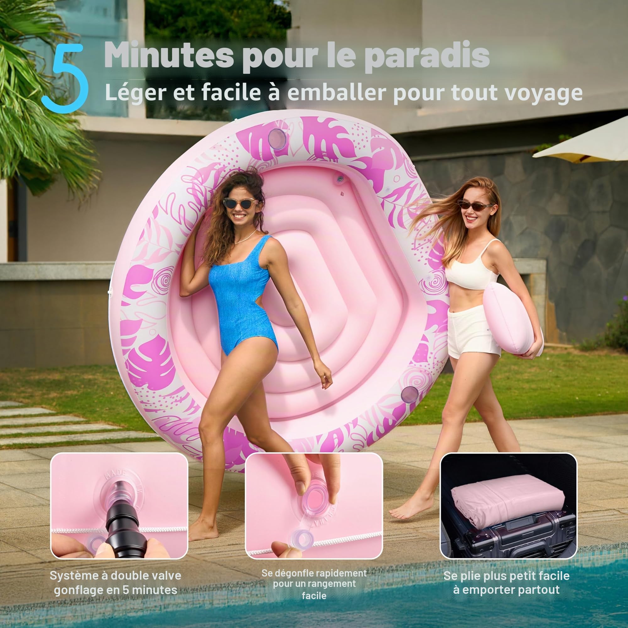 SLOOSH Flotteur de Piscine Gonflable de 182,9 x 165,1 cm pour Adulte avec Oreiller, Grand Radeau Flottant en Tissu de Luxe pour Bronzage, Bain de Soleil, Salon pour Piscine à balles, Cadeaux de fête