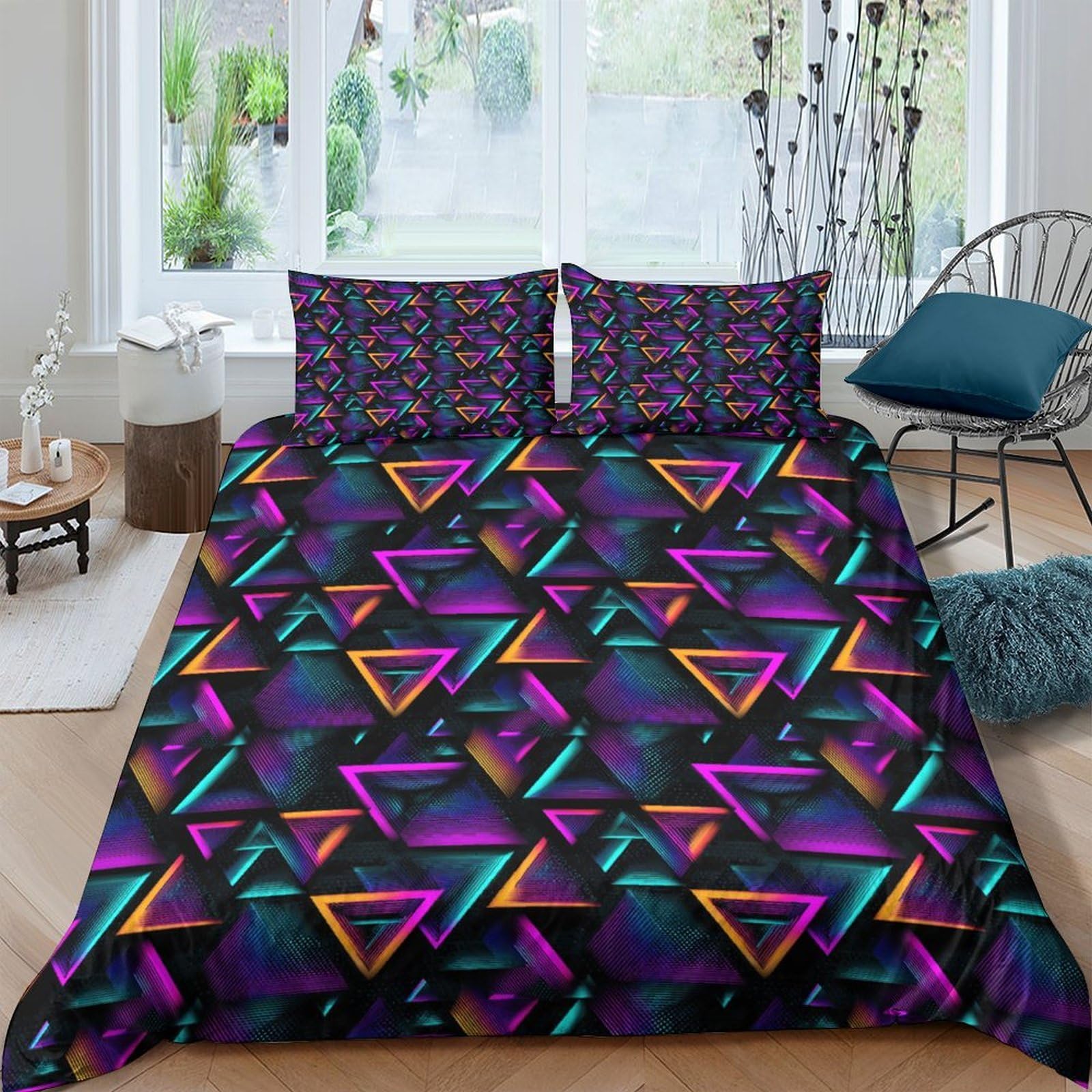 Ctjqhvkz Style-1 3D Printed Neon Geometric Fitted Sheet Microfiber Slip-Resistant Triangle Pattern Mattress Cover For Bedroom Guestroom Decor Single（135X200cm）