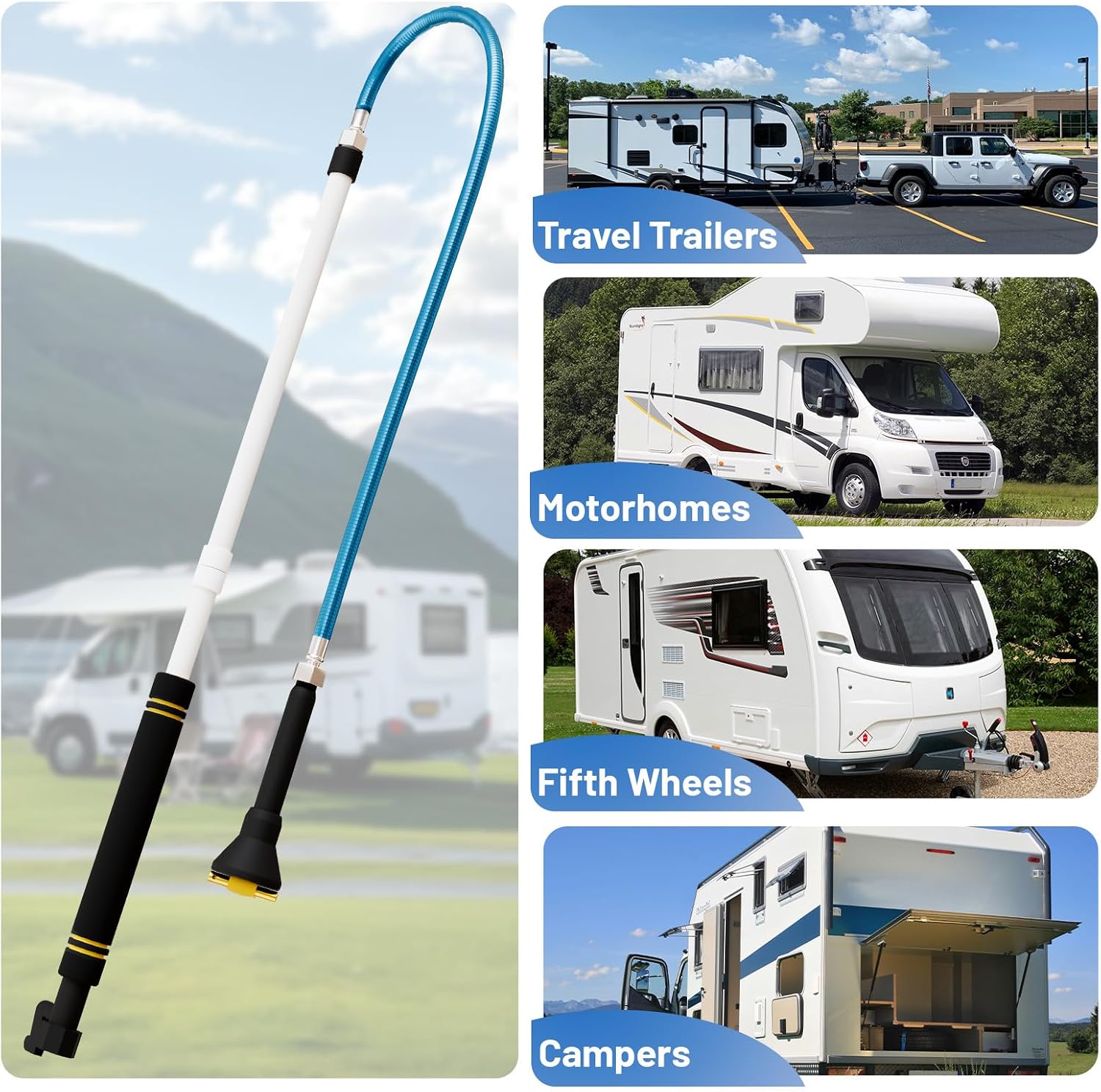 RV Black Water Tank Cleaner Wand， 63" Camper Water Tank Rotating Spray Washer Powerful Cleaning Function Suitable for RVs Camper