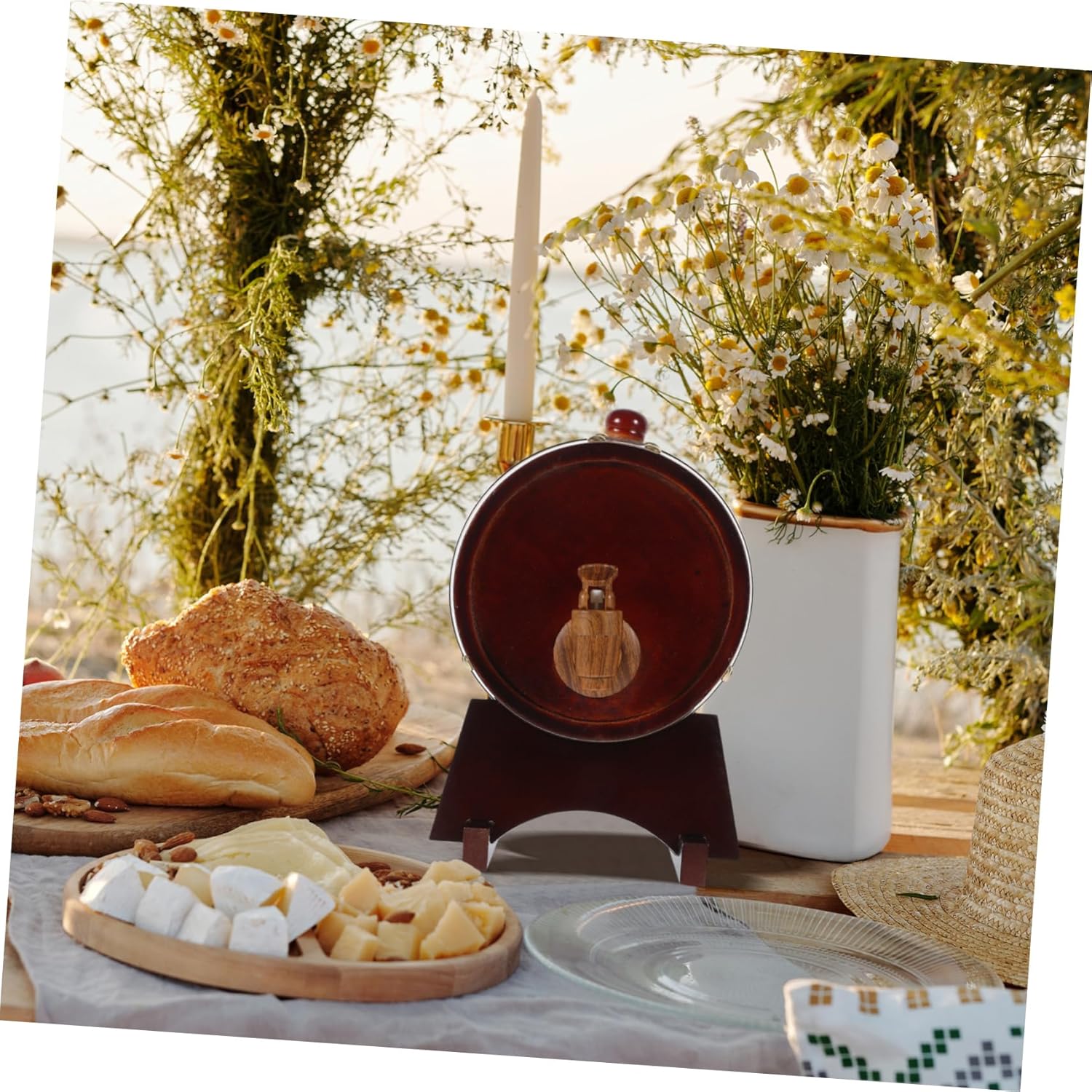 Cabilock 1set Wood Wine Dispenser Faucet and Wood Stand for Aging Beer Red Wine Whiskey Vintage Container for Bars Wineries and Home Use