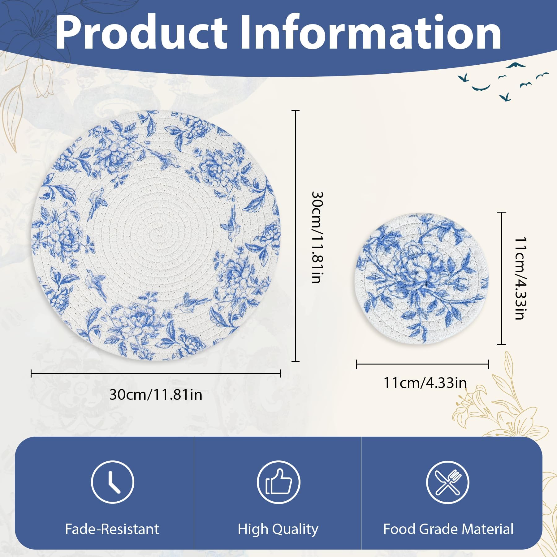 Chinoiserie Gewebte Platzsets, Untersetzer, Set mit 6 Stück, Blumenmuster, rund, Baumwollseil, Platzsets, Großpackung, blau und weiß, Tischsets, florales hitzebeständiges Tischset für Zuhause