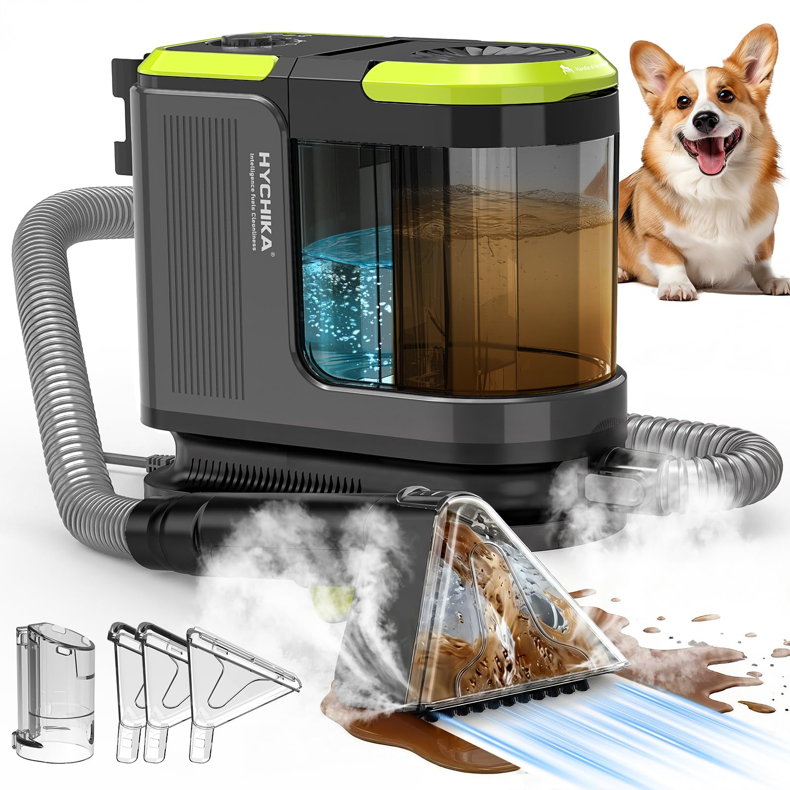 HYCHIKA Upholstery Cleaner 1800 W, 17 kPa, Upholstery Vacuum Cleaner with Wash, Double Tank and Self-Cleaning, Portable Carpet Cleaner, for Sofa/Carpets/Doormats/Car and Pets | 17 kPa, Carpet Cleaner with Washing and Vacuuming, Portable Textile Cleaner, Stain Remover for Sofa, Upholstery and Car