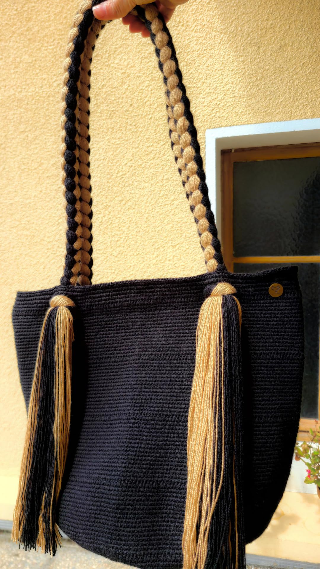 TERRA FUSION Bolso Tote M | Bolso Uni Wayuu | Negro y Beige, Negro , Medium