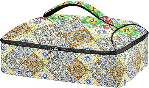 xigua Porta platos con diseño de azulejos hexagonales étnicos retro, portátil, a prueba de fugas, aislado, para alimentos calientes o fríos, viajes,