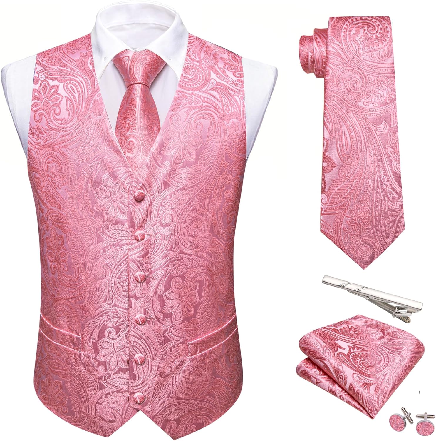 Barry.Wang Mens Suit Vest Paisley/Flower Silk Jacquard Waistcoat Ties Set Formal/Leisure 5PCS