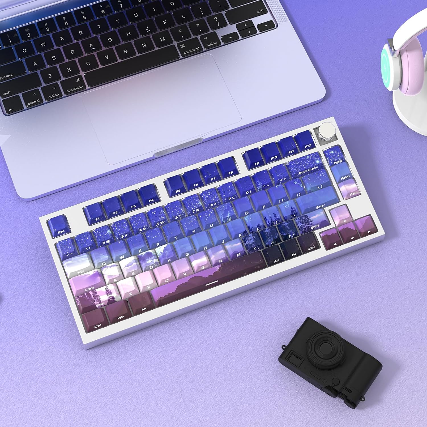 JSJT PBT Keycaps Side-Printed Keycap Set Double Shot Shine Through Custom Keycap 126 Keys Cherry Profile Gradient Purple Dawn Themed Keycaps for Cherry Mx Switchs Mechanical Keyboard