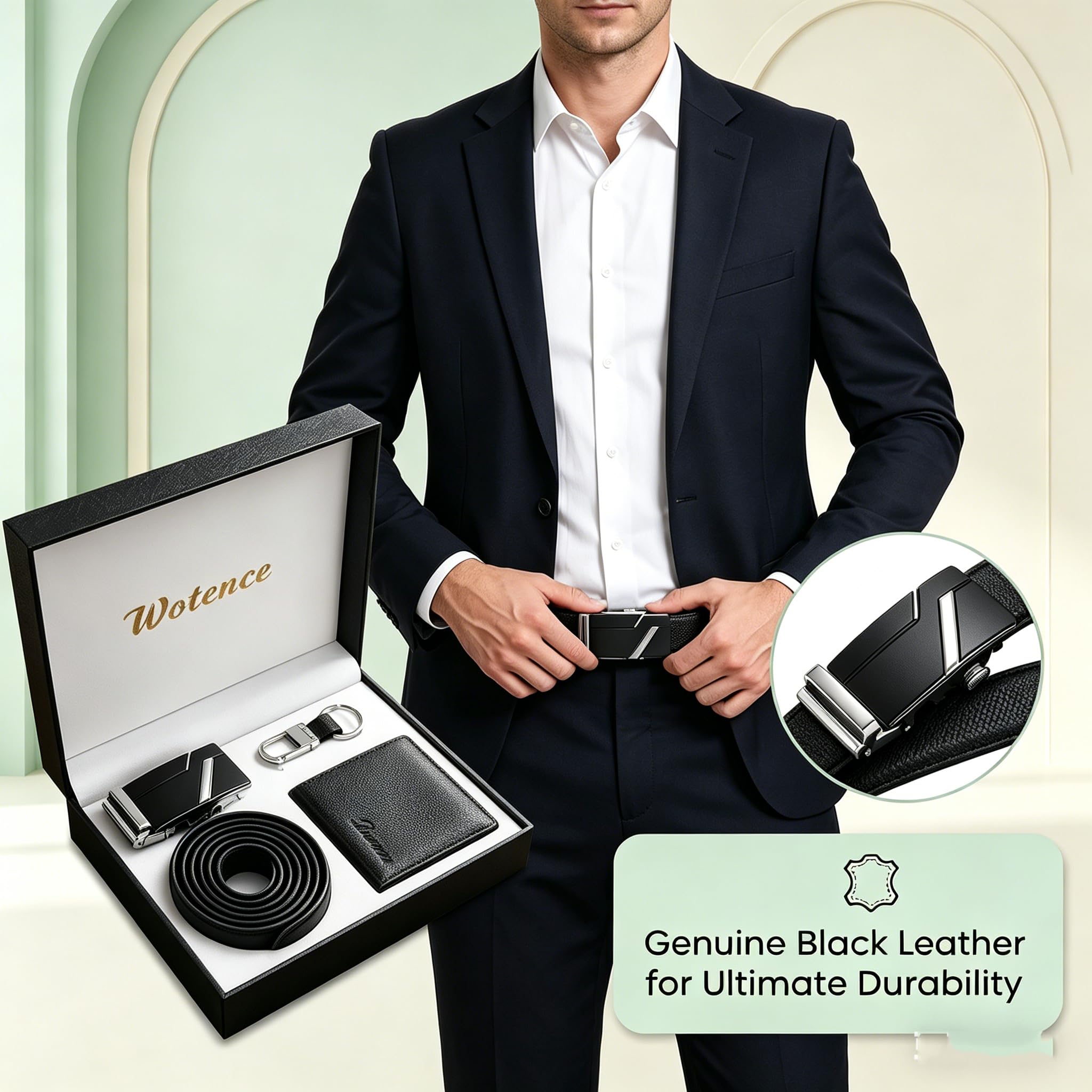 Cadeau Homme Ceinture Portefeuille Coffret Anniversaire Papa Pere Mari Copain Saint Valentin Fete des Peres Cadeau Noel (Noir)