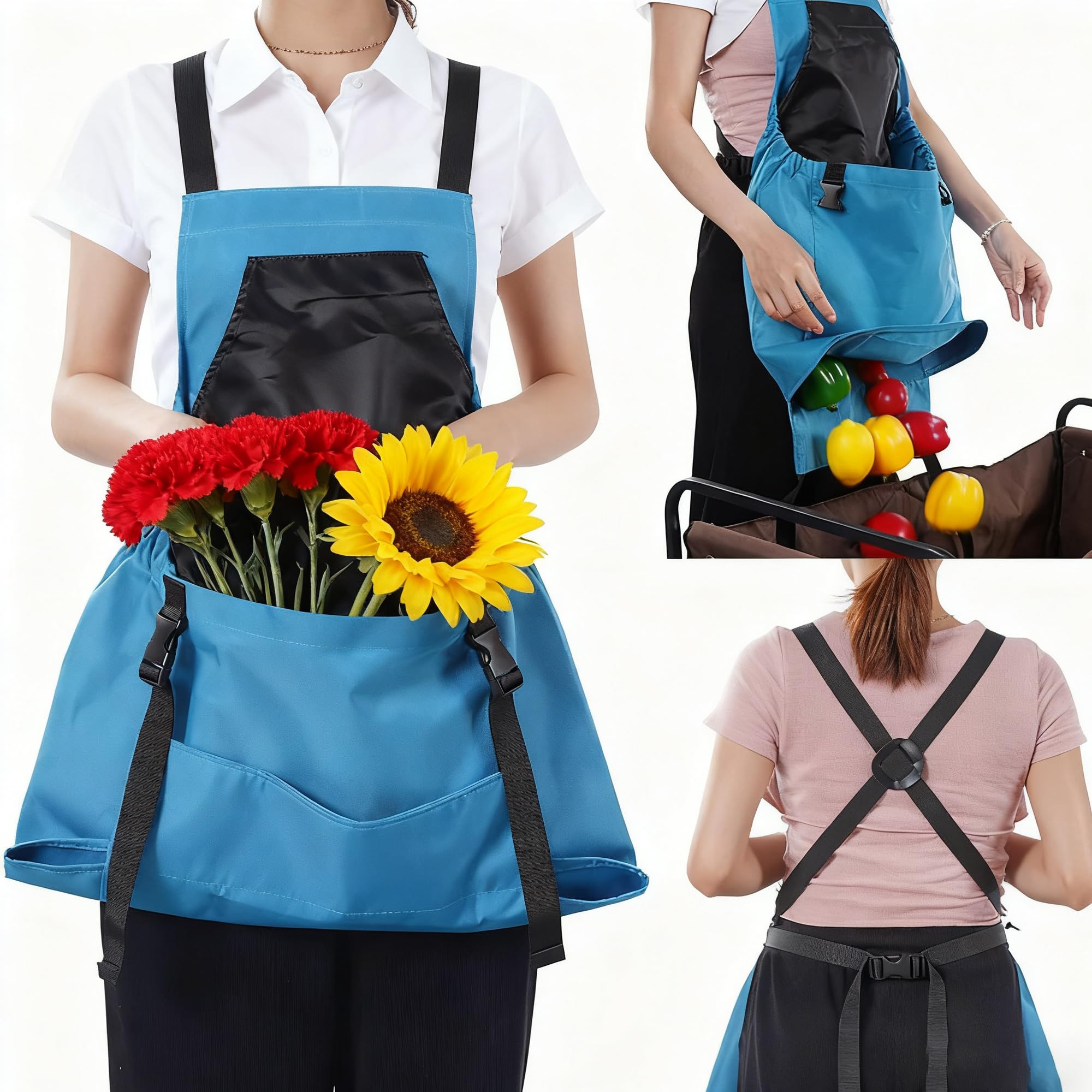 Bolsa De Recogida De Frutas Del Delantal, Azul Delantal De Jardinería, Bolsillo De Liberación Rápida Para Huerto y, Bolsa Para Recoger Frutas, Verduras, Bayas, Bolsa Para Recoger Jardín