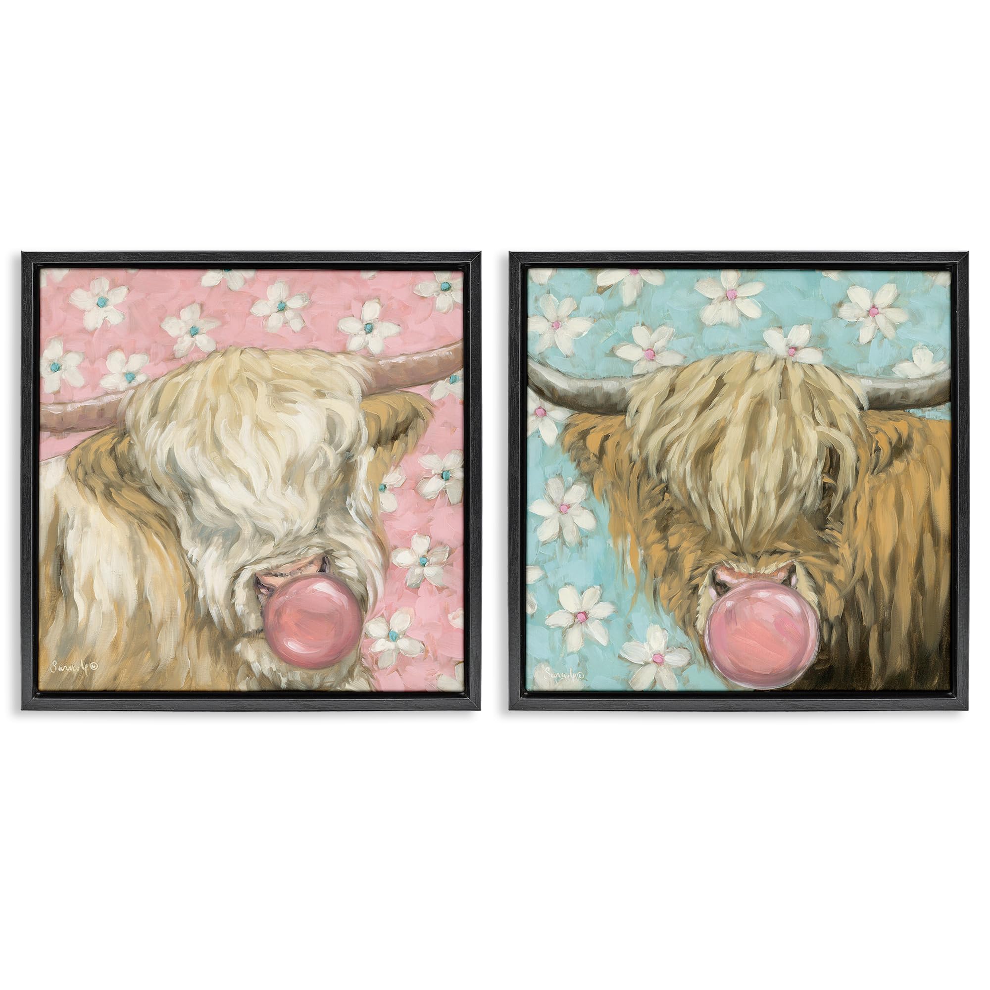 Stupell Industries Jet Black (Matte) 'Cute Bubblegum Highland Cattles', 2Pc Floating Frame Art Set 2, Black, 18 X 18, Ready To Hang Picture Décor, Usa Made, By Artist Sara G. Designs