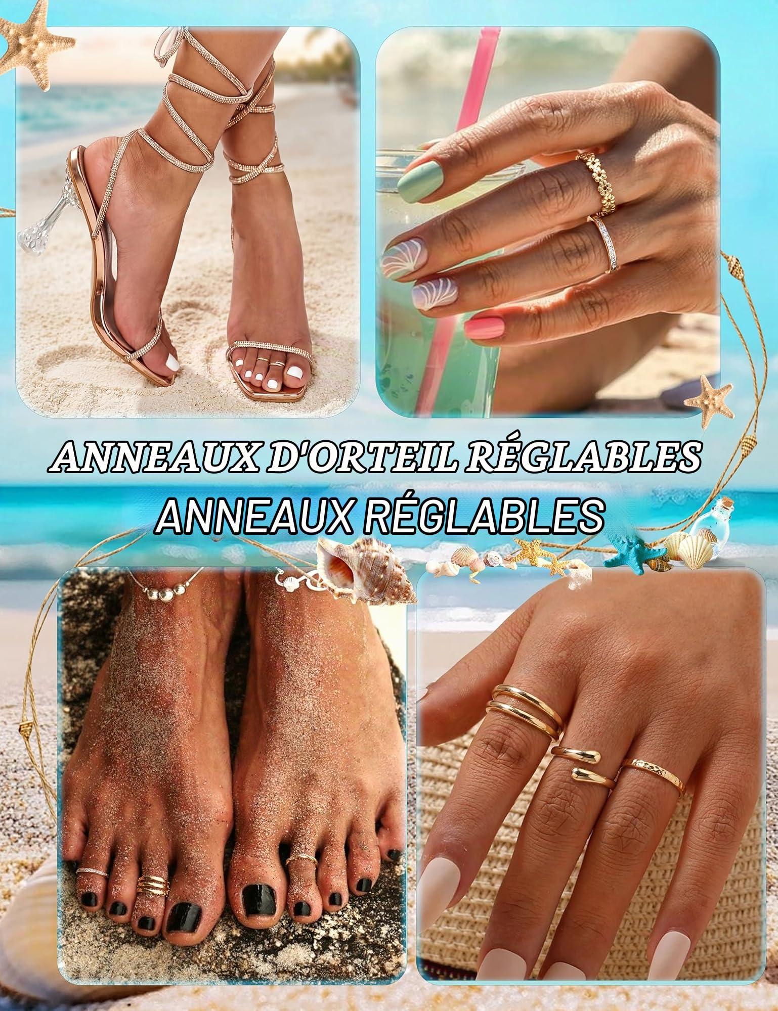 9 Pcs Bagues d'Orteil pour Femmes Bague de Pied Rempli d'Or 14K Bague à Bout Ouvert Réglables Mignon Anneaux d'Orteil CZ Fleur Bagues de Pouce Ensemble Bijoux de Pied Été Plage Vacances Argent Or