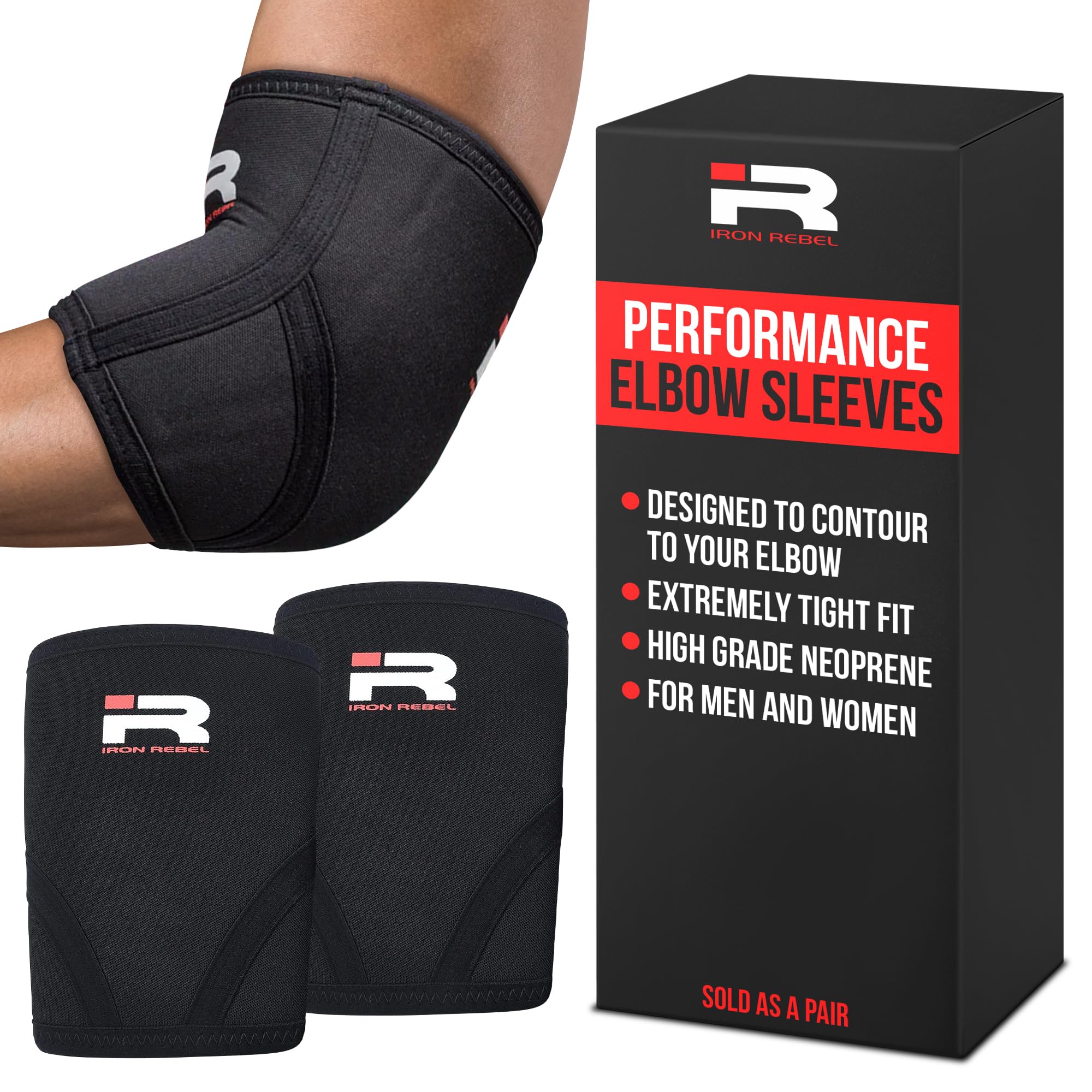 Iron RebelIron Rebel Performance Elbow Sleeves, Thick Neoprene Compression Elbow Brace, Heavy Duty Elbow Support for Weight Training & Powerlifting, for Men and Women, 1 Pair (Small, Black)