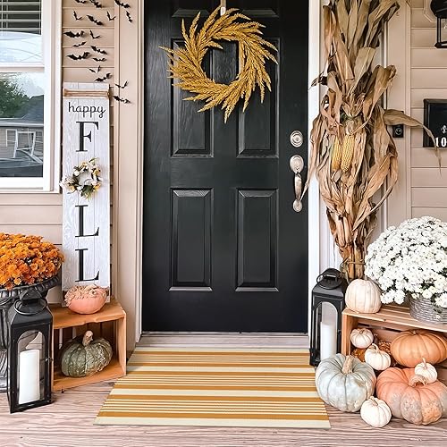 Miniatura 7 de KIMODE - Tapete de Halloween de 24 x 35 pulgadas, tapete de otoño a rayas para exteriores, lavable a máquina, tapete de algodón tejido a mano para