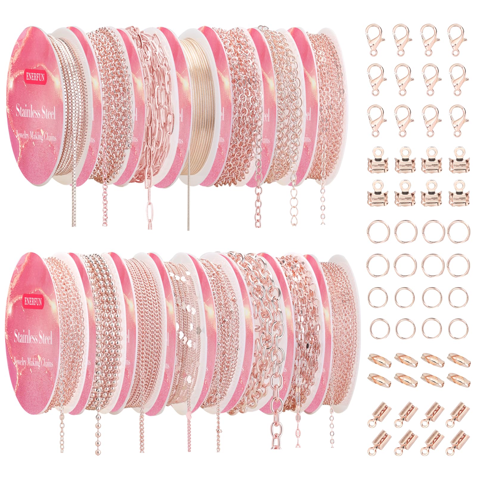 Rose Gold Necklace Chains for Jewelry Making, 112 Feet 15 Rolls Jewelry Chains Bulk for DIY Necklace Bracelet Jewelry Making Accessories with Jump Rings Lobster Clasps Connectors