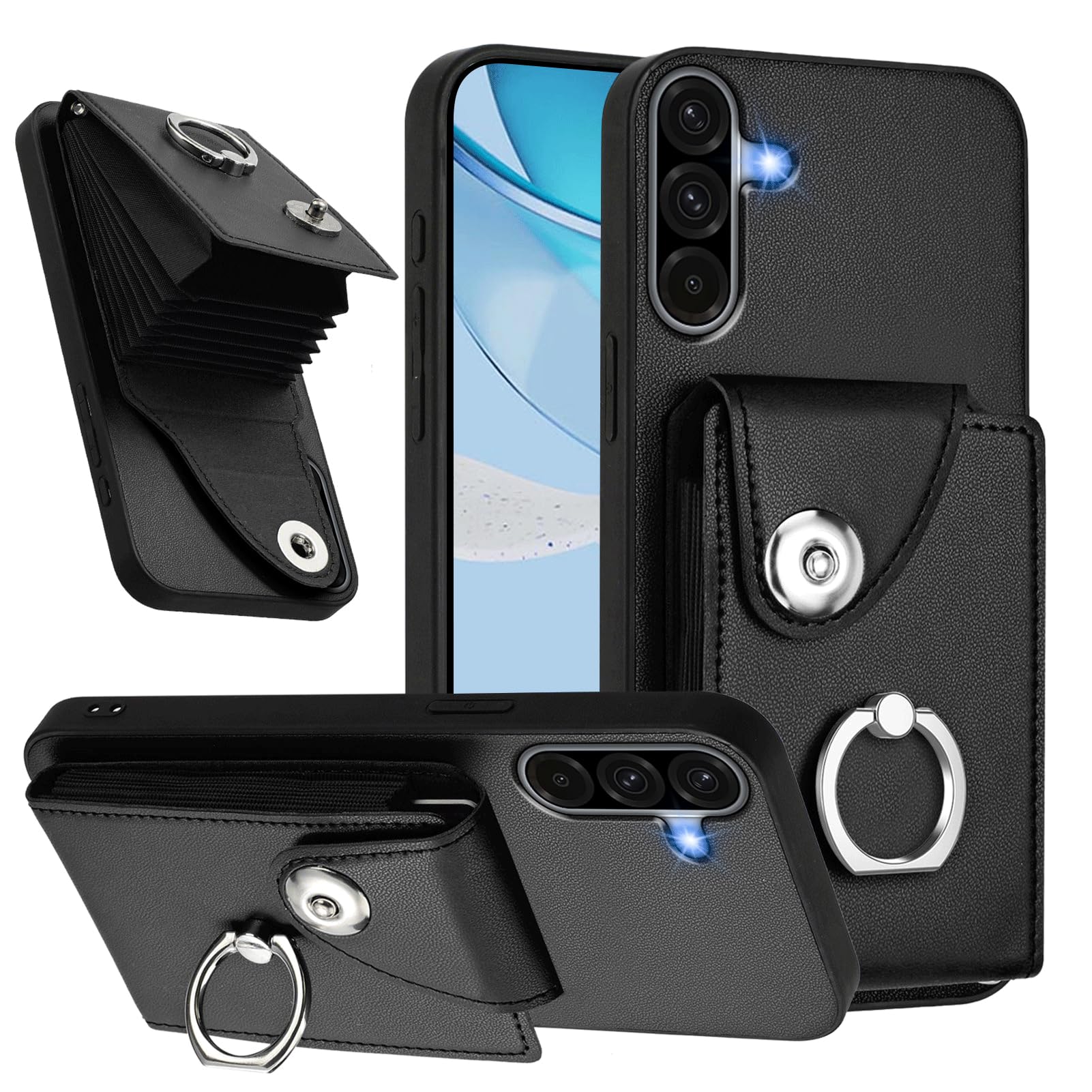 LEMAXELERS Wallet Case for Samsung Galaxy A16 5G with Card Slot Holder 360°Rotation Ring Stand Snap Button Shockproof Protective Cover for Samsung