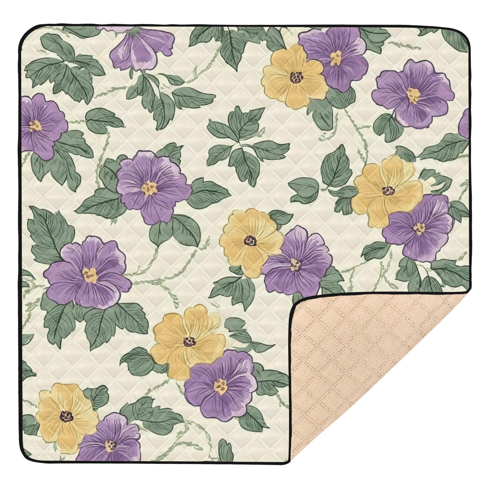 BOESI Doodle Colorful Flower Pattern Baby Play Mat, 50“ X 50” Washable Folding Crawling Mat, Baby Floor Mat, Soft, Thick, Non-Slip