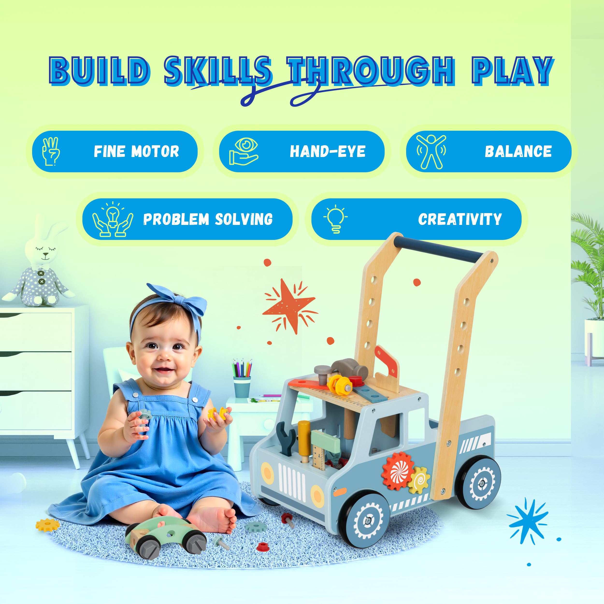 KAUZA Andador Bebé Madera 3 en 1, Montessori Caminador para Bebes 1–3 Años, Carrito con Almacenaje, Correpasillos Estable, Juguete Educativo Primeros Pasos, Centro Actividades Sensoriales, Asa Cómoda