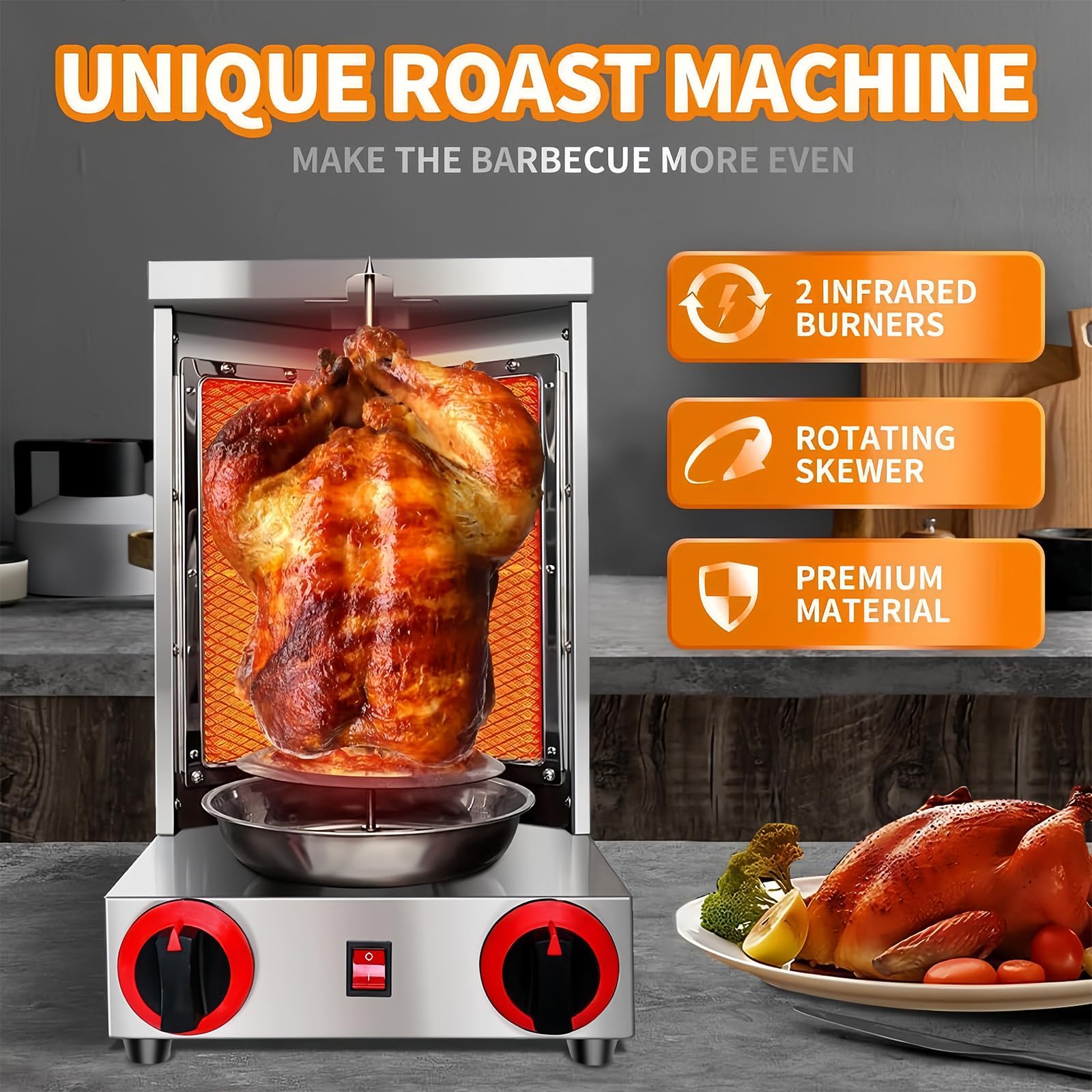 Barbacoa Vertical de Gas para Kebab y Pollo, Giroscópica con Tornillo, Máquina de Kebab, Horno de Barbacoa Vertical con Interruptor de Ajuste de Temperatura para Restaurante, Salón, Cocina,110V
