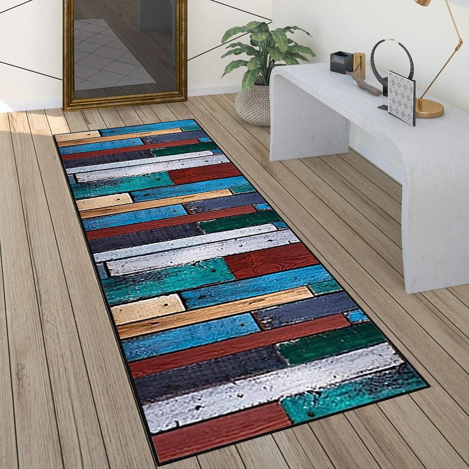 Teppich Läufer Flur Teppichläufer Küchenläufer Küche Teppiche rutschfest Waschbar Bettvorleger für Flur Waschküche, 120x400cm Blaue rote grüne Retro Holzplatte